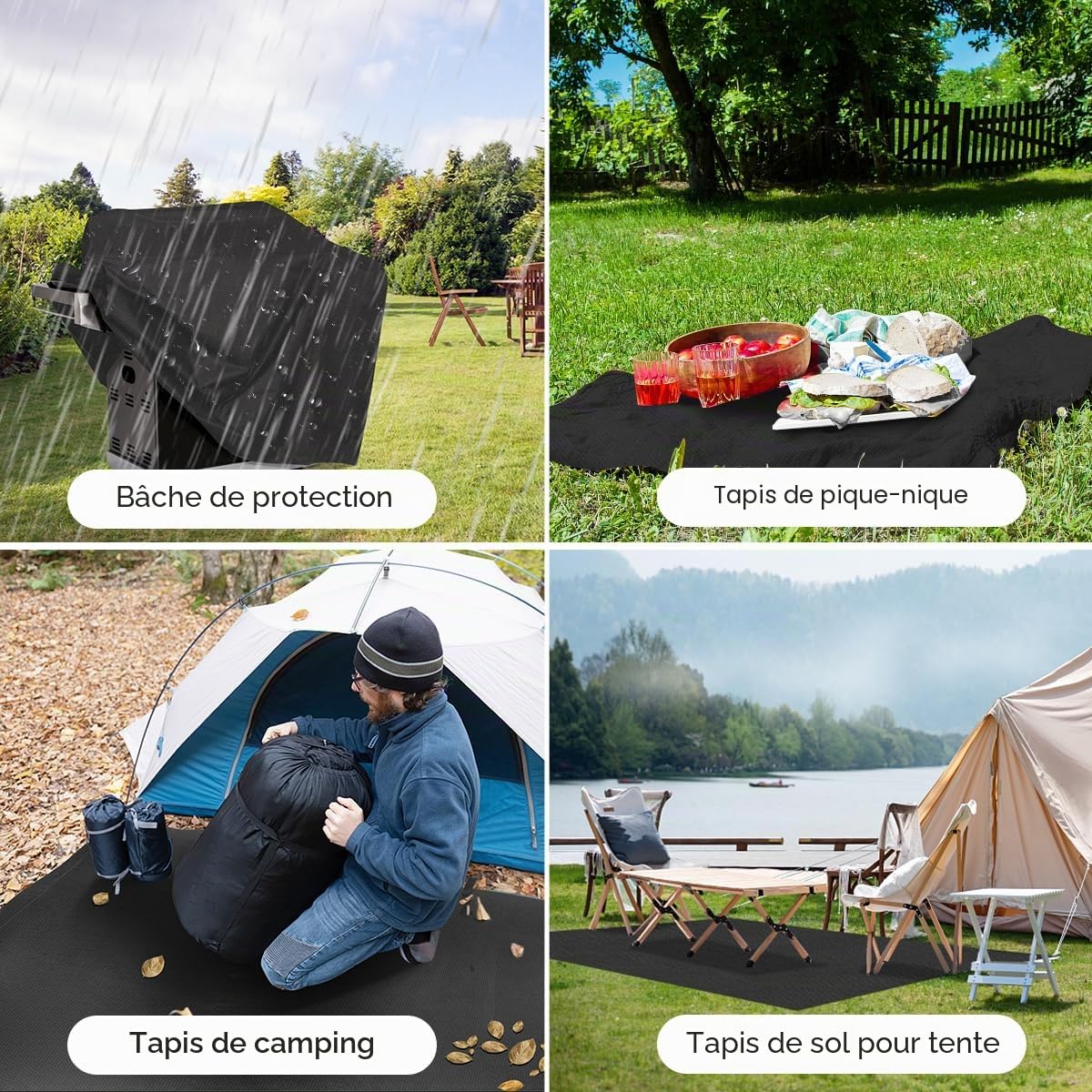 Bâche imperméable d'extérieur - Noir - 1,5 x 2 m - Tissu Oxford 420D léger avec boucles renforcées - Résistante à la déchirure - Protection UV pour camping, randonnée, abri