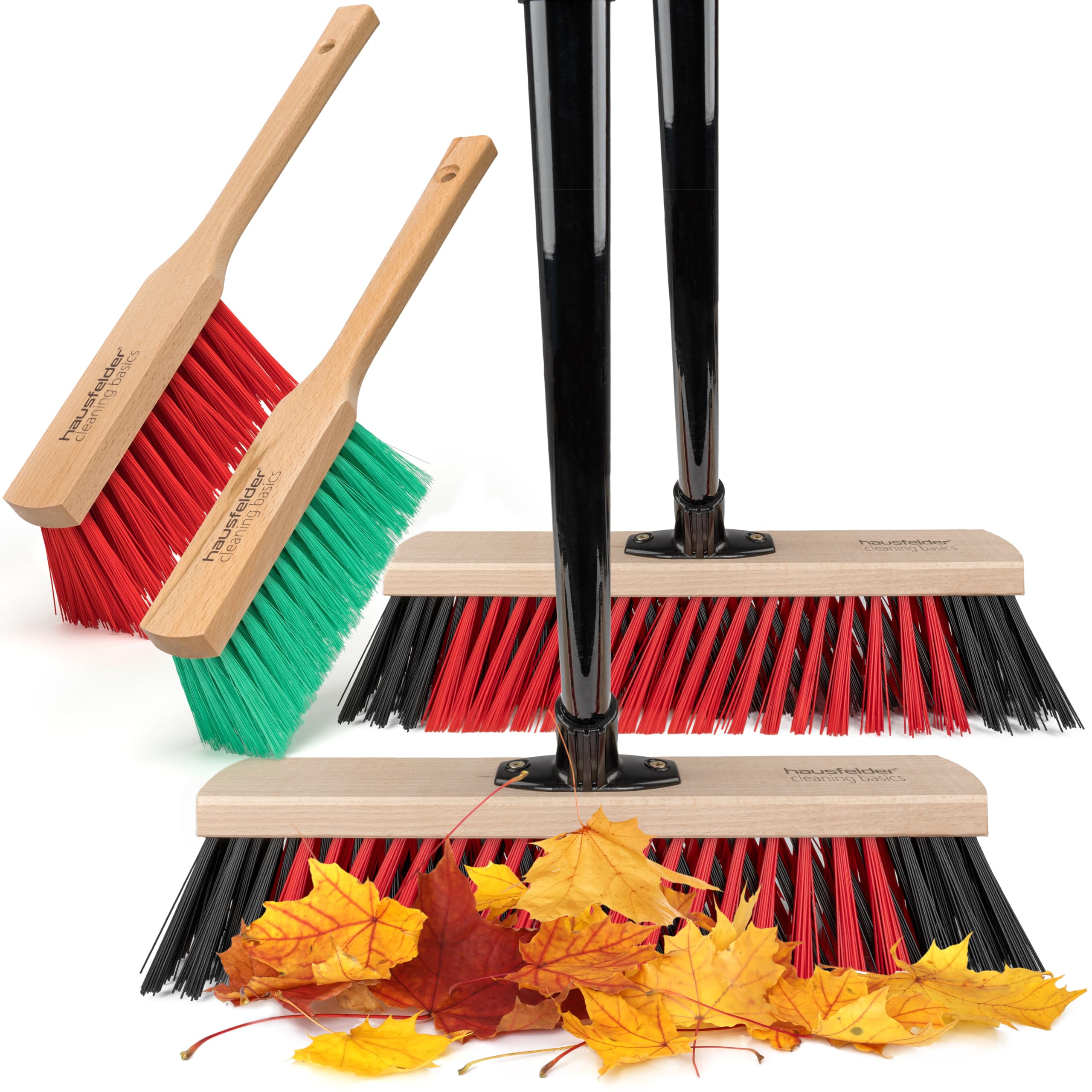 Hausfelder Straßenbesen Set 40 cm, 4-teilig, Schwarz | 4-teilig, für Garten & Terrasse, Straßenbesen, Handfeger, langer, Stiel, Kehrbesen, draußen, hart, Garage