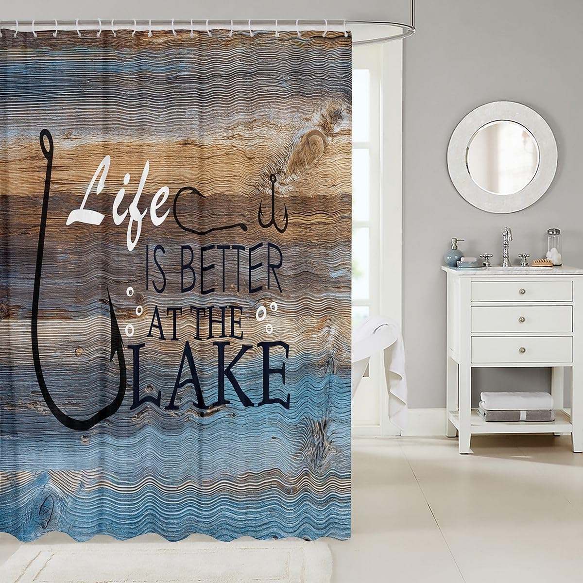 Lake Life Bath Curtain Fish Fishhook Bathroom Accessories,Fishing Hook Shower Curtain Sets 72"Wx72"L The Lake House Gifts,Vintage Rustic Cabin Lodge Wooden Plank Lake House Decor for The Home image 2