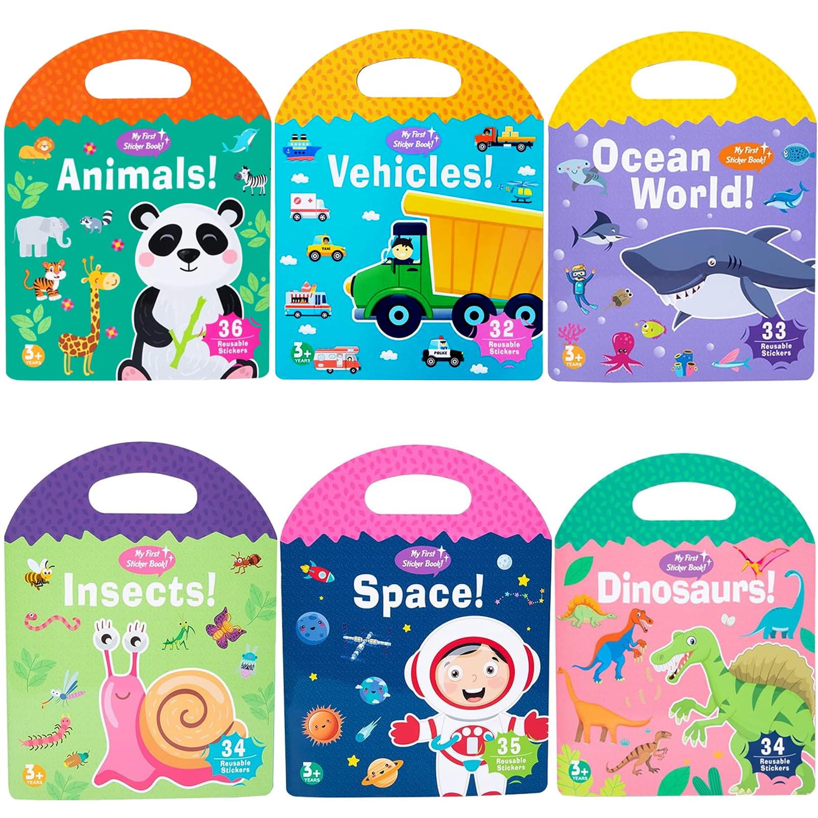 6 Sets Portable Jelly Quiet Busy Book, Vehicle & Animal & Ocean & Dinosaur & Insect & Space Reusable Sticker Books for Kids, Toddler Sticker Activity Book Preschool Learning Activities