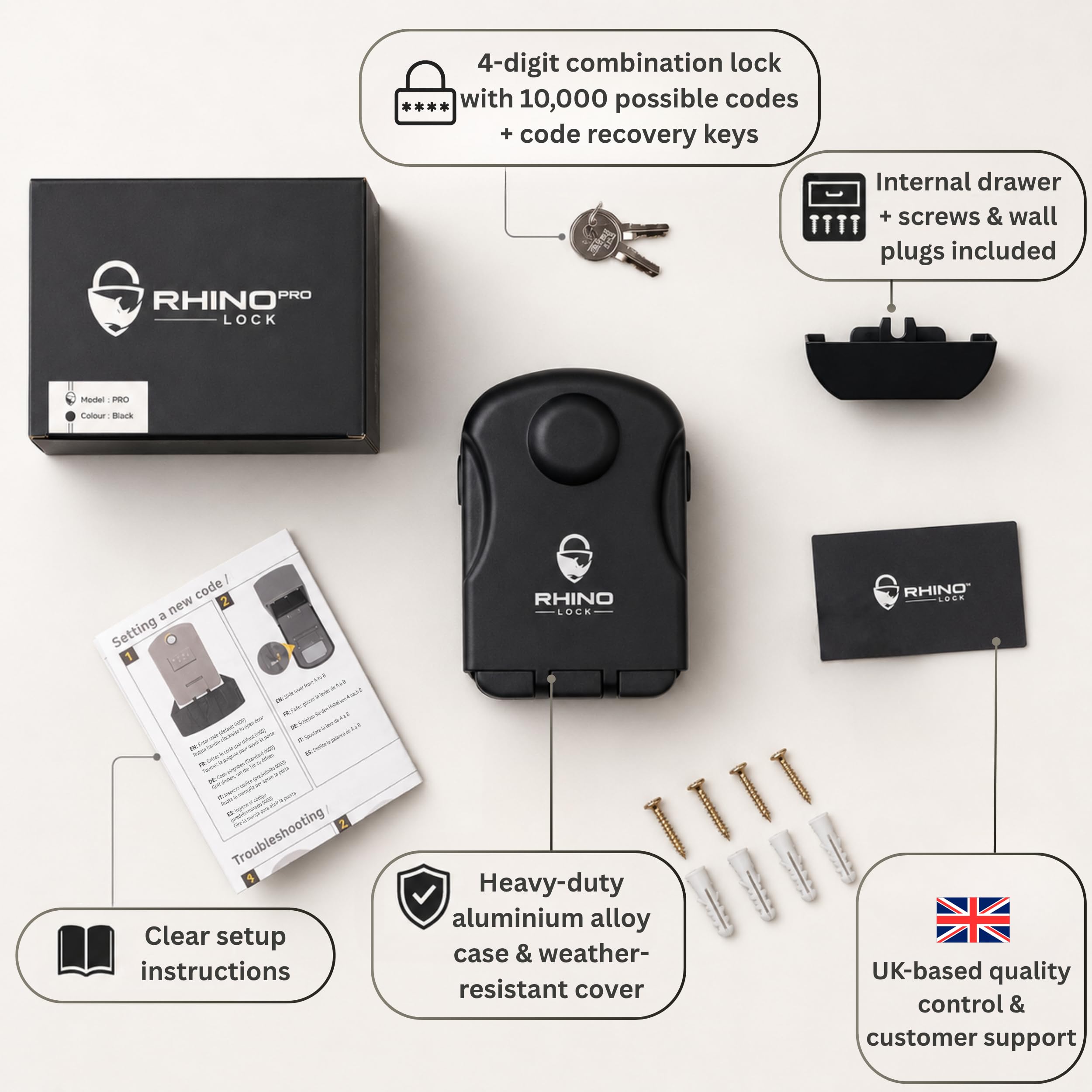 Rhino Lock – Kombi Schlüsseltresor zur Wandmontage - Schließfach/Schlüsselkasten Großer Innenraum für Schlüssel mit 4-stelligem Code, Notschlüsselzugang & patentiertem Code-Wiederherstellungssystem