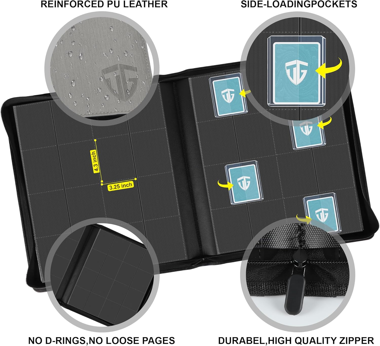 16 pocket toploader binder,holds 640 3”x4” toploader hard cases,sleeves card collection binder,20 double sided pages,compatible with trading & sports holder(gray) 16 pocket gray