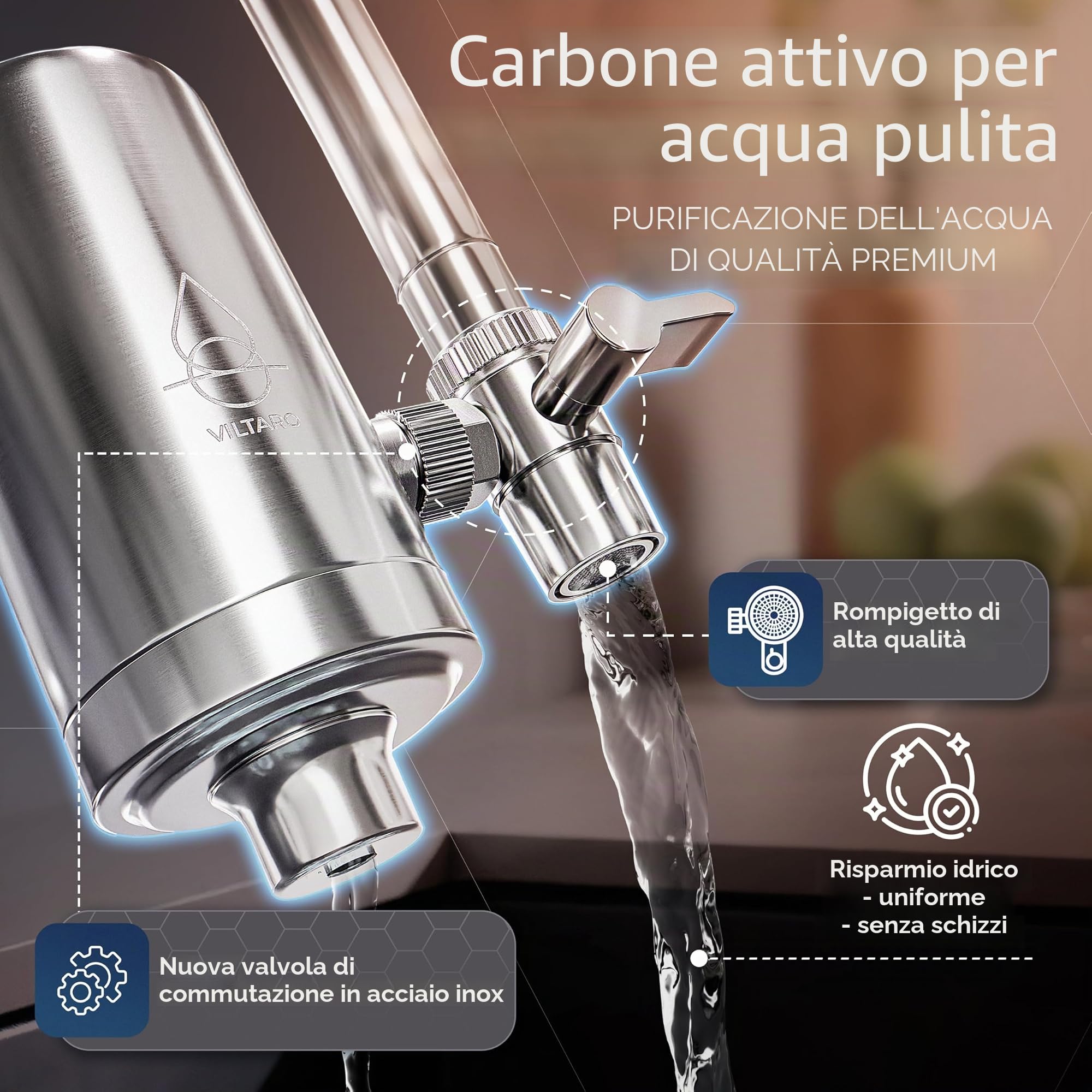 VILTARO Filtro acqua rubinetto – filtro a carbone attivo, rubinetto con cartuccia, senza BPA, in acciaio inox, facile da montare, rimuove le sostanze nocive