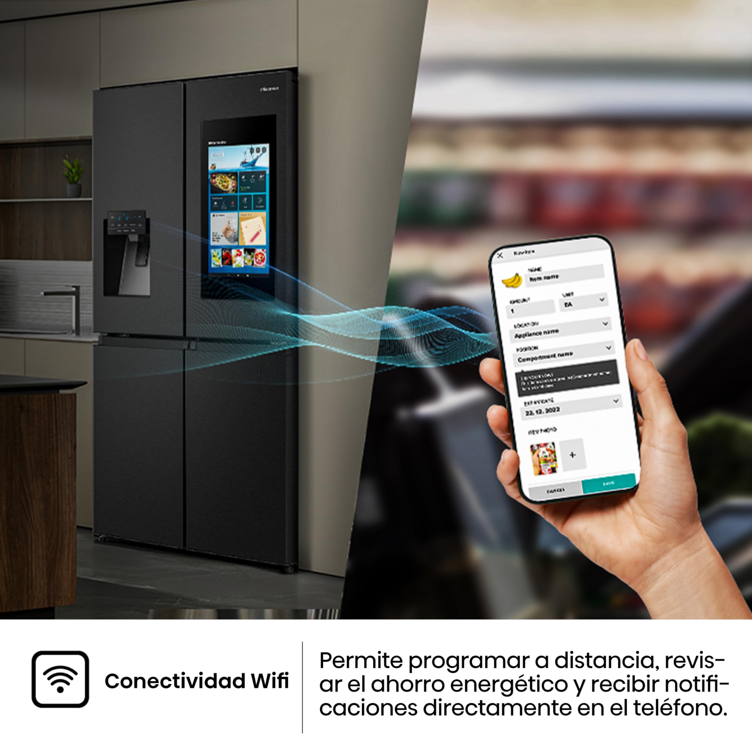 Hisense RQ760N4IFE Cross Door Puerta Americana con dispensador, Total NoFrost, Smart Connectivity con Pantalla & WiFi, MultiFlow,Metal Tech Cooling, E, Negro