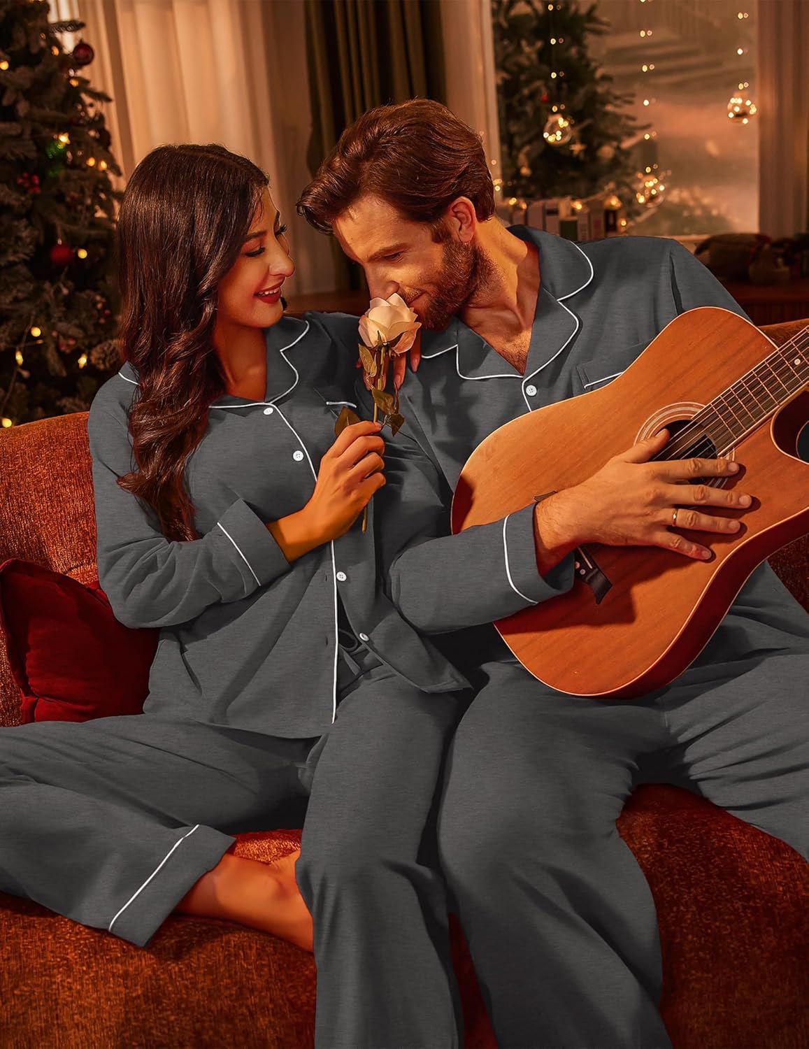 Ekouaer Couple Matching Pajamas 100% Cotton Long Sleeve Sleepwear Button Down Loungewear Pjs Set S-XXL - Image 4