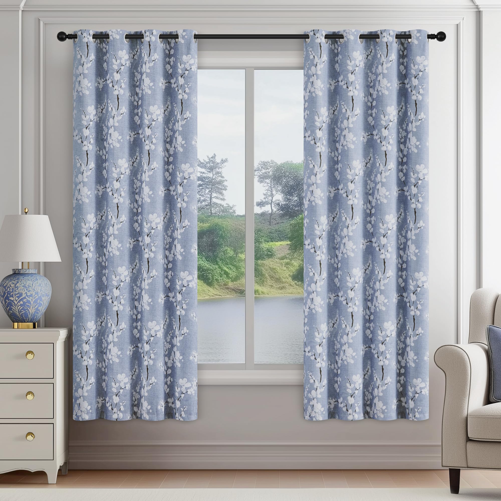 Blue Floral Blackout Curtains for Bedroom 72 inch Drop Eyelet Curtains for Living Room Nursary Blossom Thermal Insulated Window Curtain Panels 2 Panels White on Blue