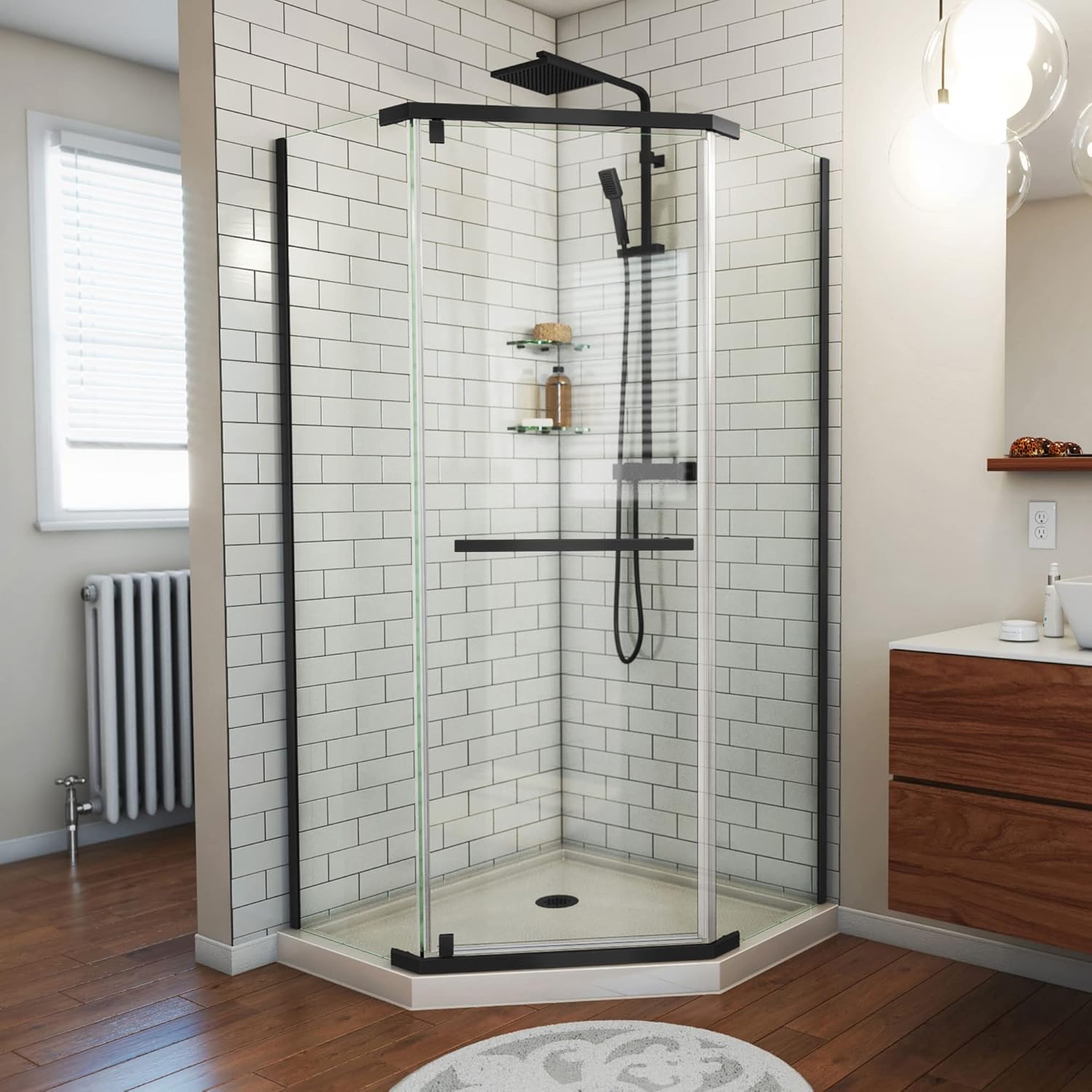DreamLine Prism 42 inch D x 42 inch W x 74 3/4 inch H Frameless Neo-Angle Pivot Shower Enclosure in Matte Black with Biscuit Shower Base Kit