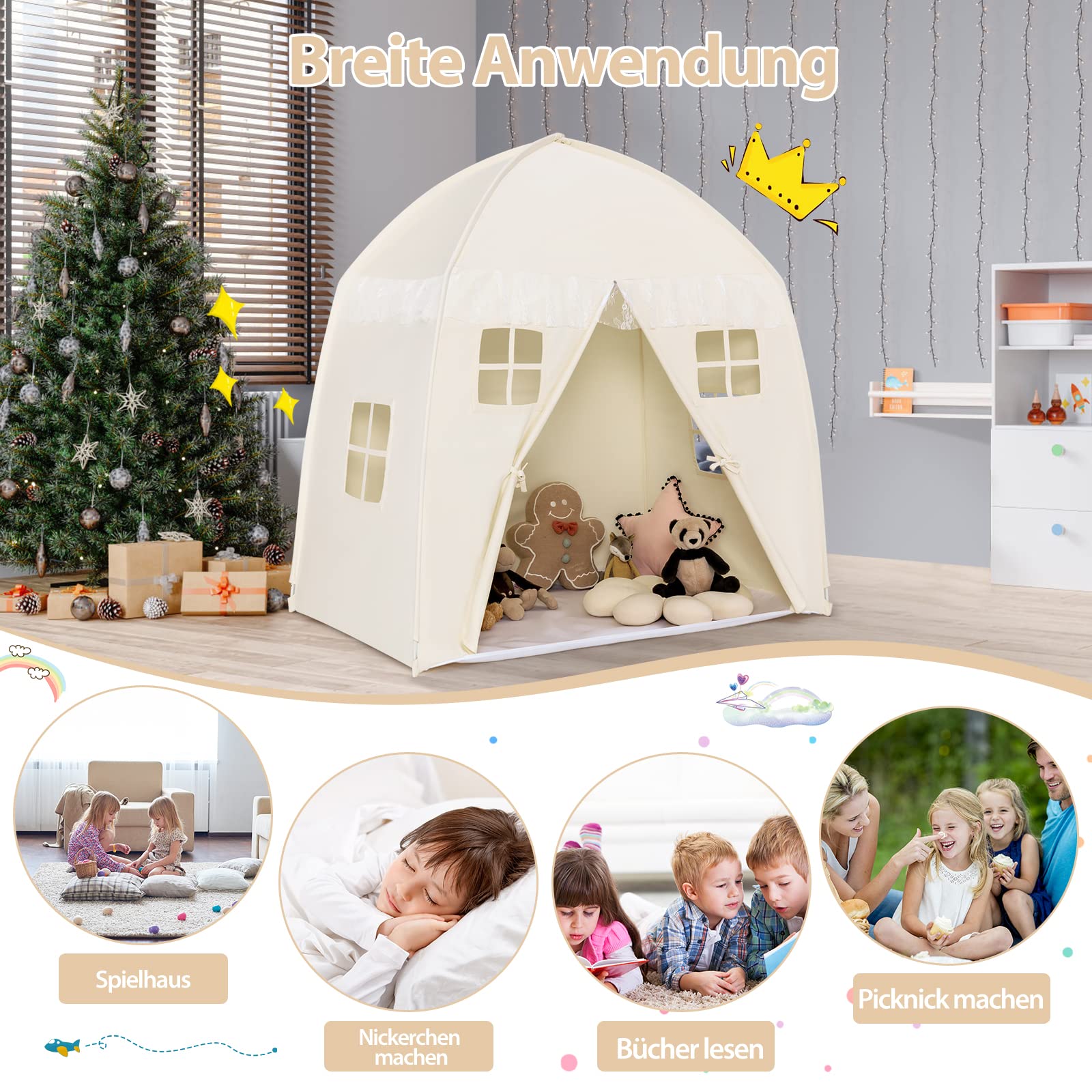 COSTWAY 143 x 100 x 155 cm Spielhaus für 2-3 Kinder, Prinzessin Prinzess Kinderzelt, Kinderspielzelt mit Fenstern und doppeltem Vorhang, Spielzelt In- & Outdoor (Beige)