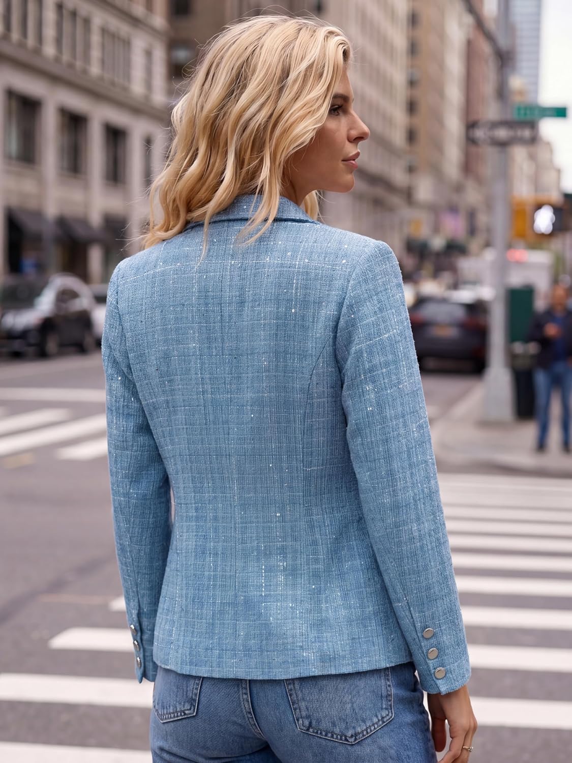 Womens Tweed Blazer Jacket Plaid Sequin Long Sleeve Casual Blazers