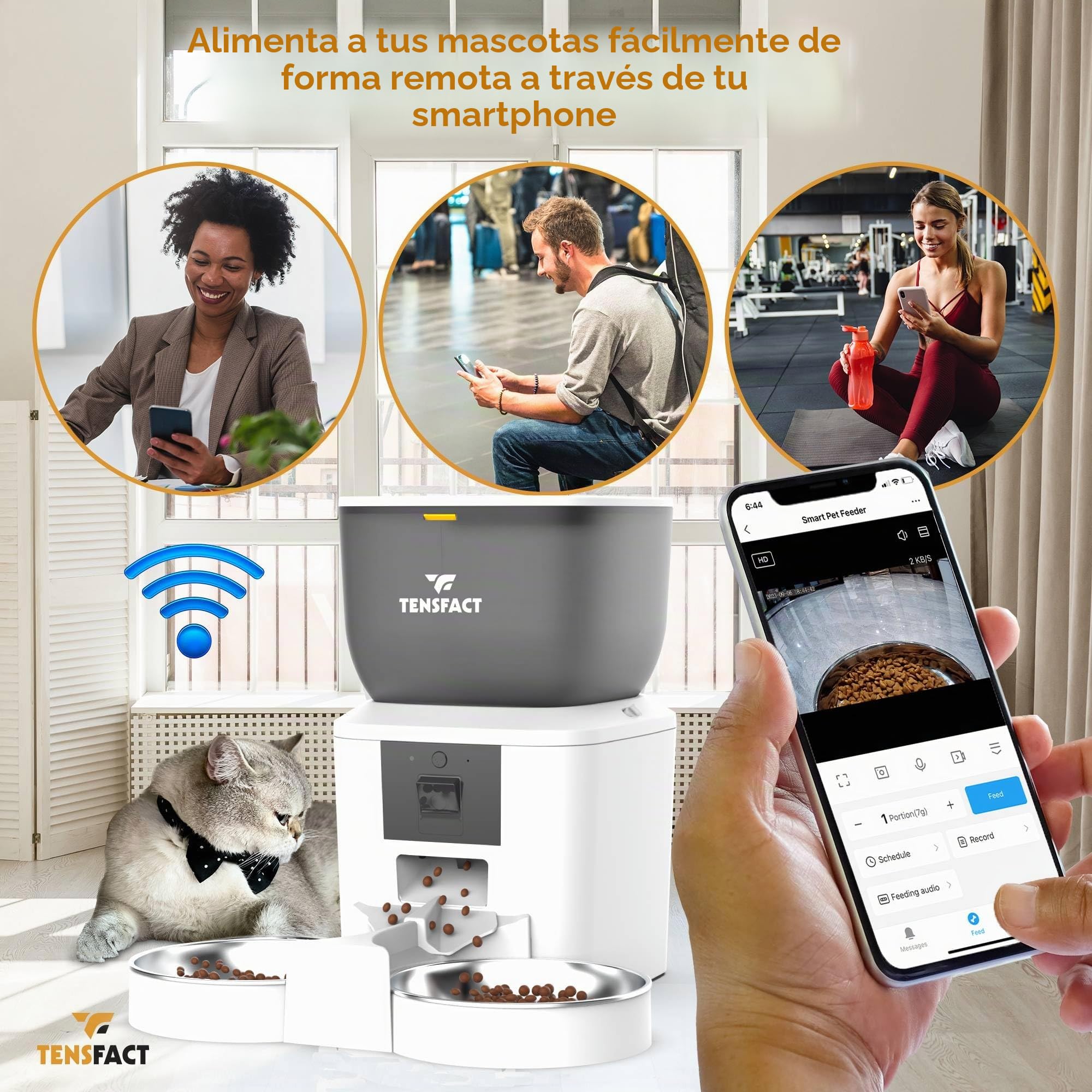 Comedero Automático para Gatos y Perros con Cámara HD, 4L, Doble Cuenco de Acero Inoxidable, Control por App, Programable – Tensfact – Blanco