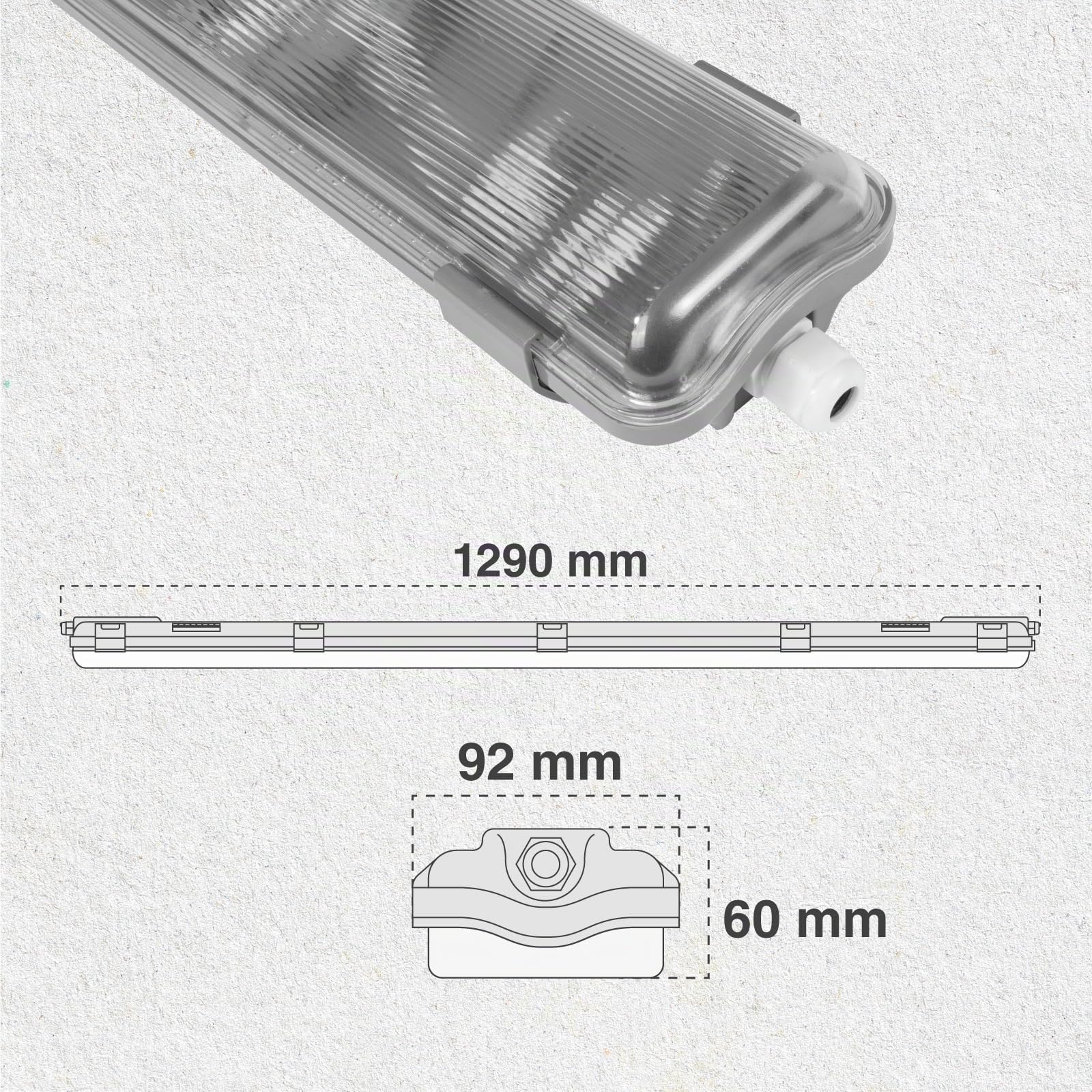 2x Plafoniera LED a 2 Tubi 36W Impermeabile (2x 18W) Trasparente IP65 3700 lumen - Forma: Tubolare - Luce Bianco Freddo 6500K - Fascio Luminoso 120°