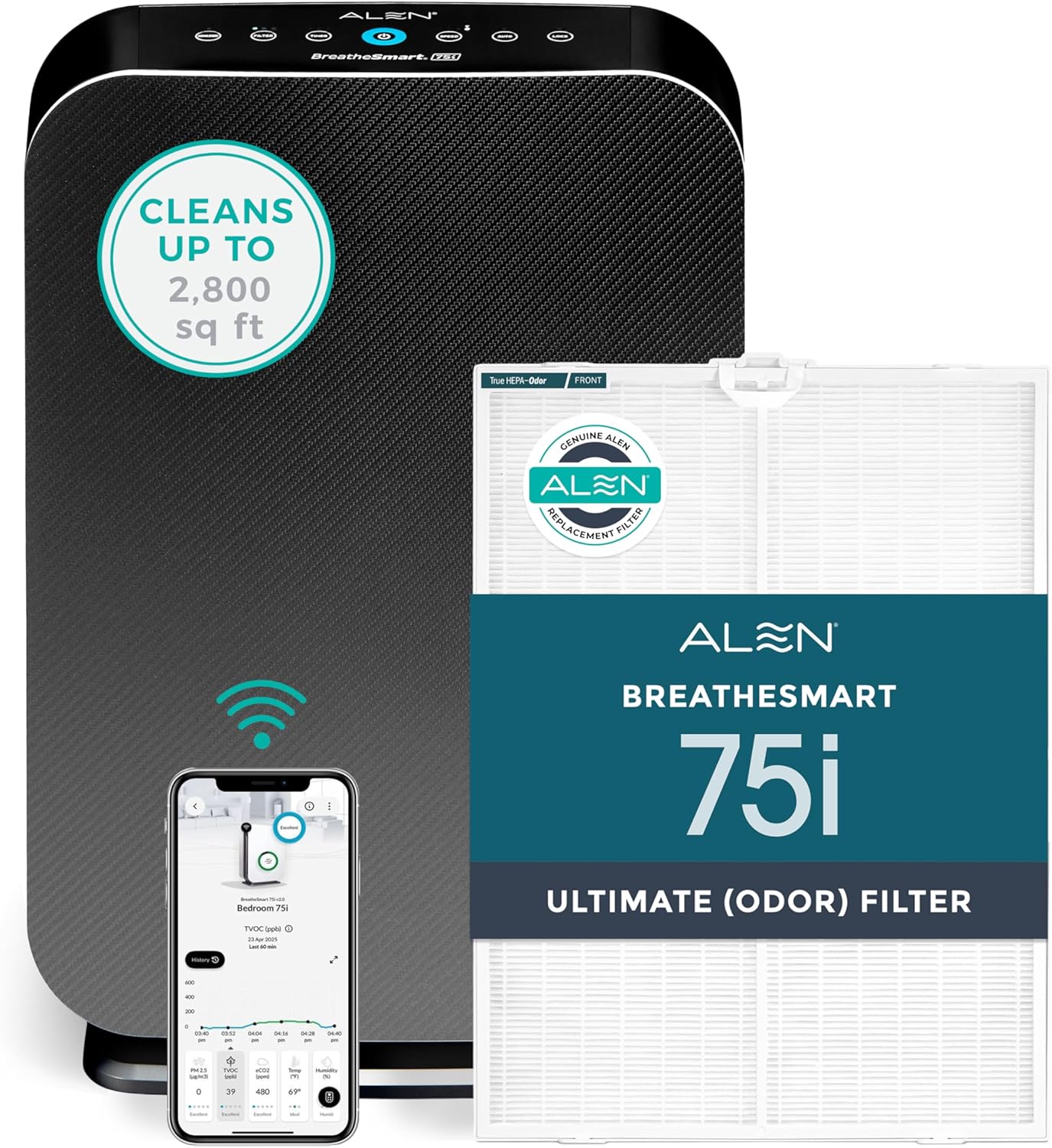 Alen Air Purifier BreatheSmart 75i HEPA with Odor Filter for Large Rooms up to 2800 Sq. Ft. – Perfect for Living Room & Kitchen – Captures Dust + Pet Dander & Household Odors