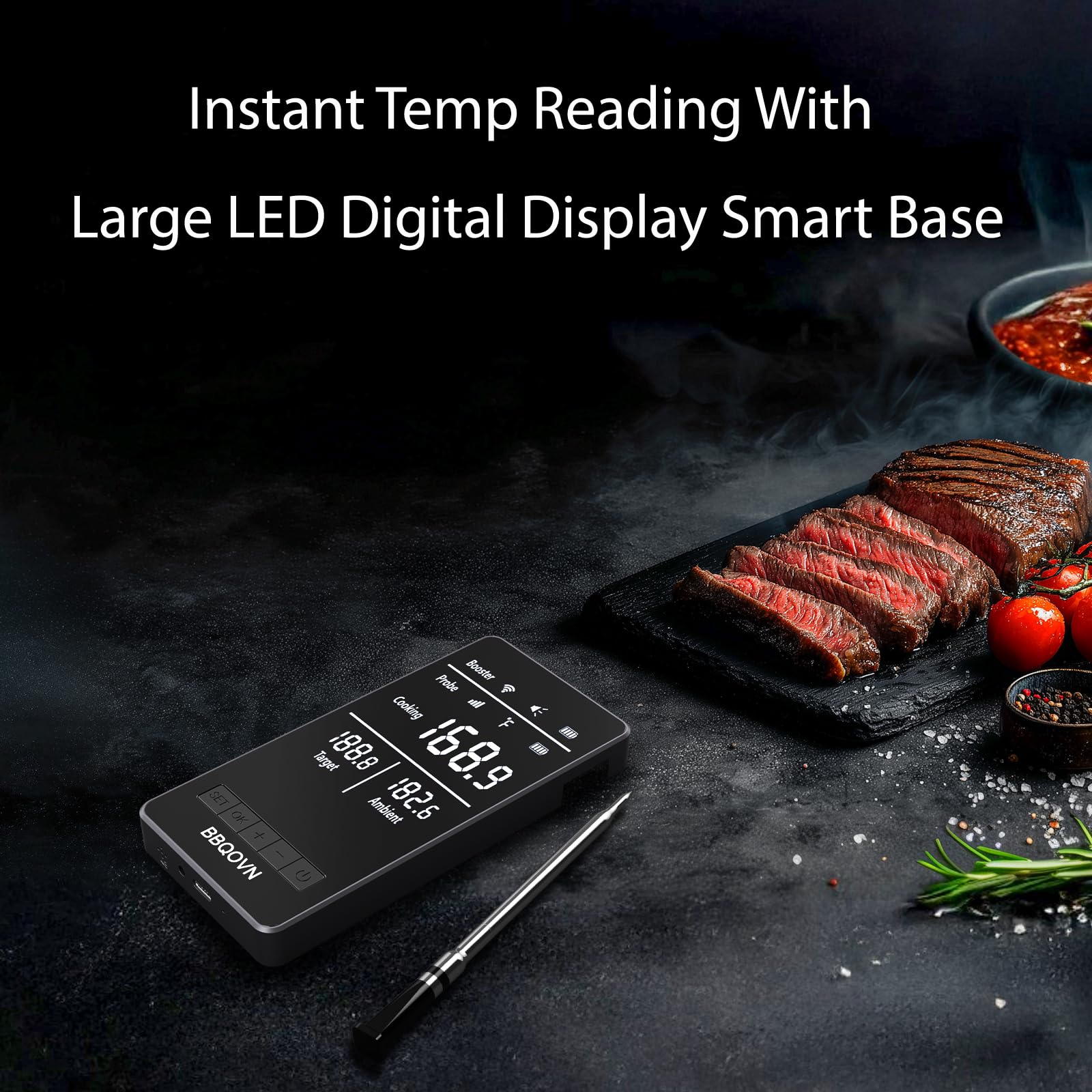 BBQOVN WLAN Bluetooth Fleischthermometer mit Unbegrenzter Reichweite, 7 NIST-zertifizierte Sensoren & Umgebungstemperatur, Kabelloses Thermometer für BBQ, Smoker, Ofen, Grill, Heißluftfritteuse