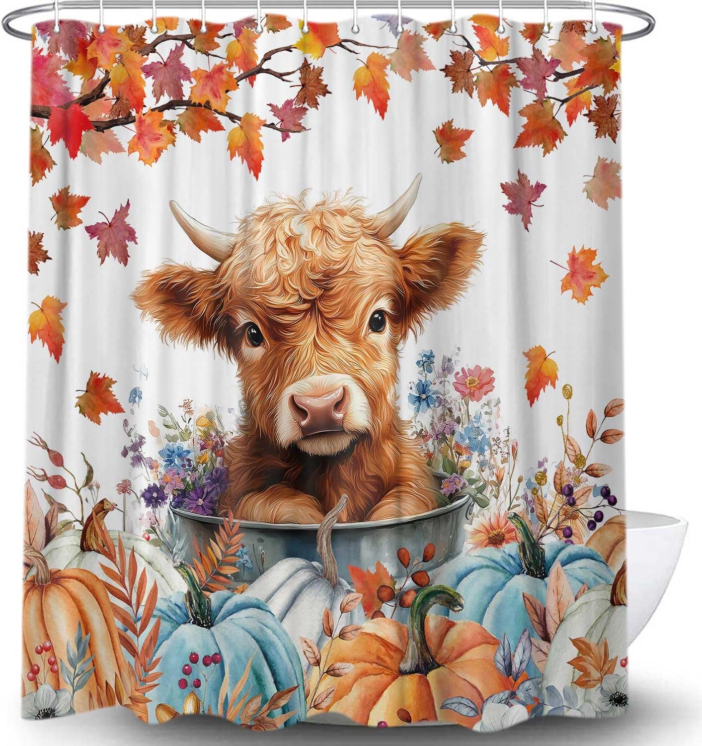JAWO Fall Cow Shower Curtain, Autumn Thanksgiving Pumpkin Farmhouse Funny Highland Cow Shower Curtains for Bathroom, Cute Farm Animal Bathroom Decor, with Hooks, Surreal Bathroom Curtain, 70X70IN