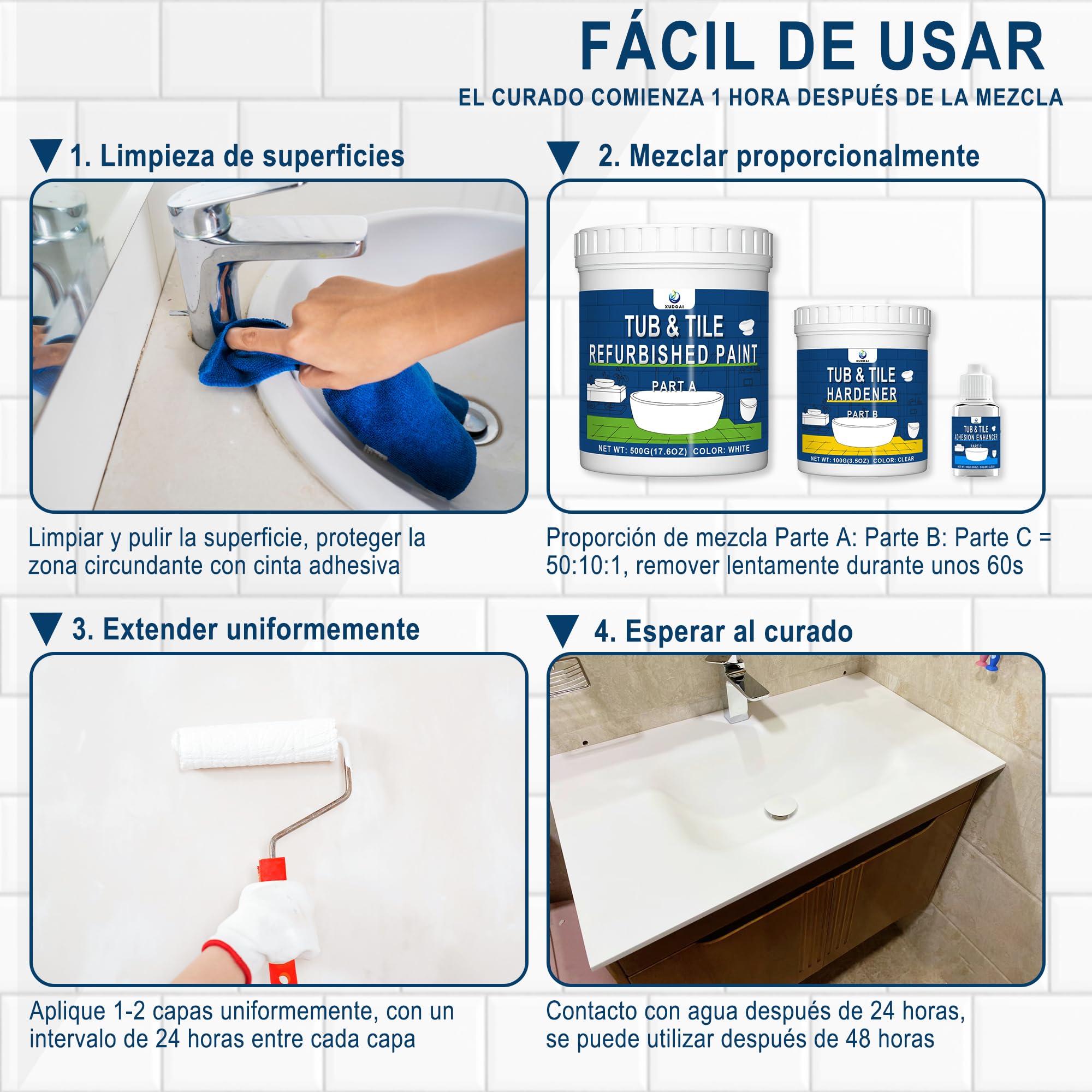 XUDOAI Esmalte para Azulejos Brillante Blanco 610g, Pintura Para Bañeras Con Accesorios Cuarto de Baño/Cocina/Ducha/Fregadero de Cerámica Renovación de Color y Revestimiento de Superficies