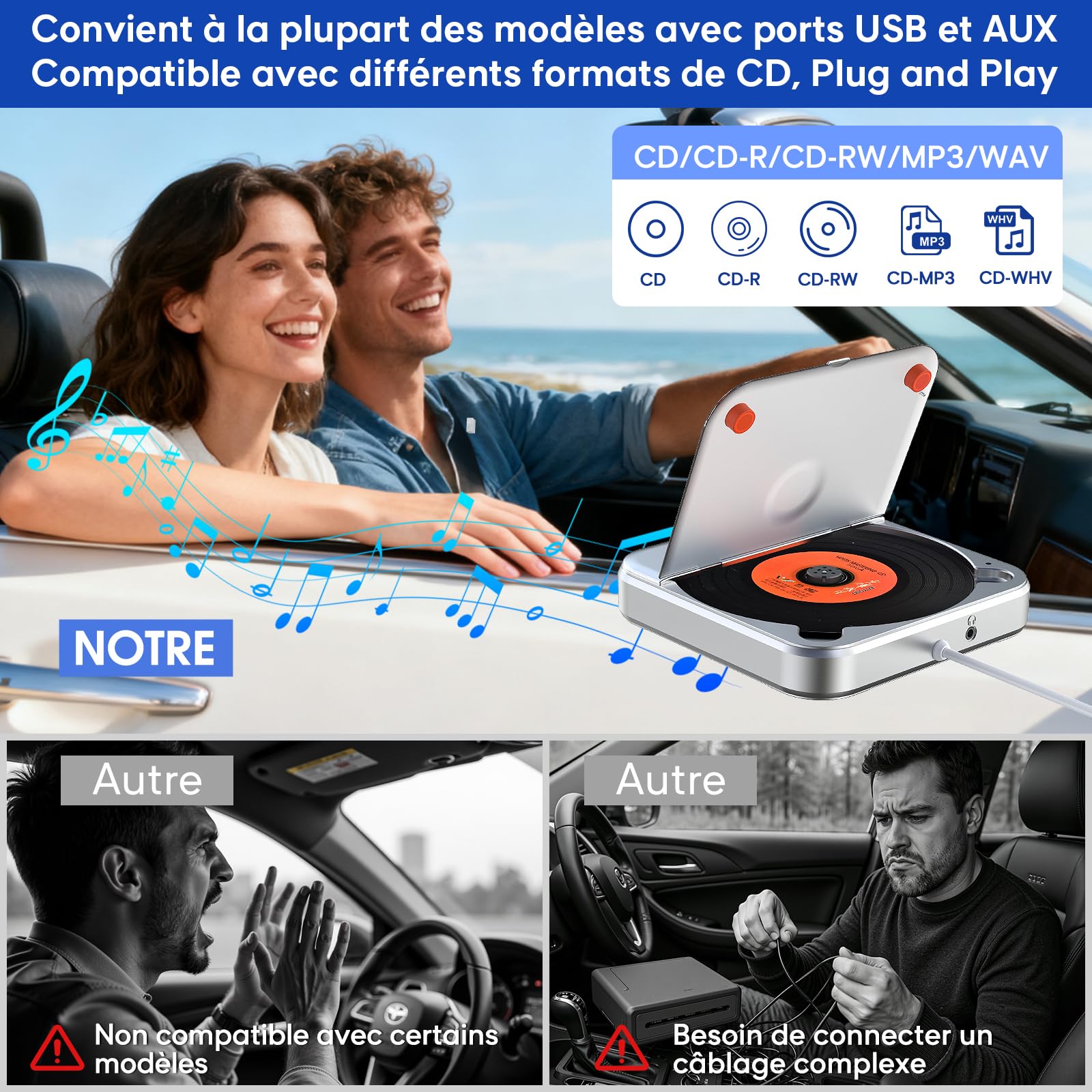 Lecteur CD Voiture USB CENXINY Externe Universel AUX Adaptateur USB-C Câble 1,5 m