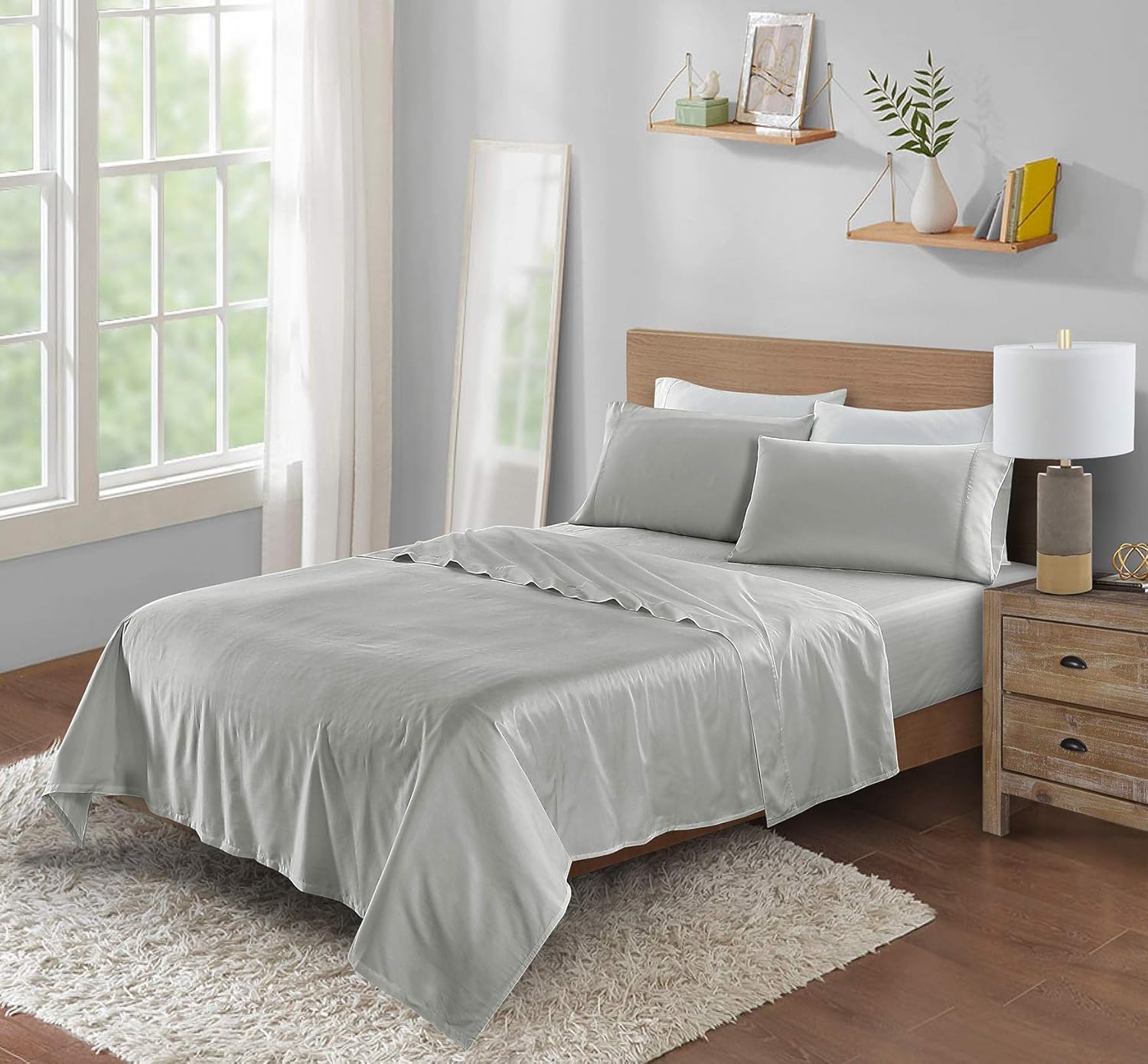 Viscose Sheet Set - Queen Size,100% Rayon Made from Bamboo,4 Piece Set with Deep Pockets up to 18 Inches - Luxuriously Soft, Cooling, and Silky Sateen Weave - Gray (Queen)