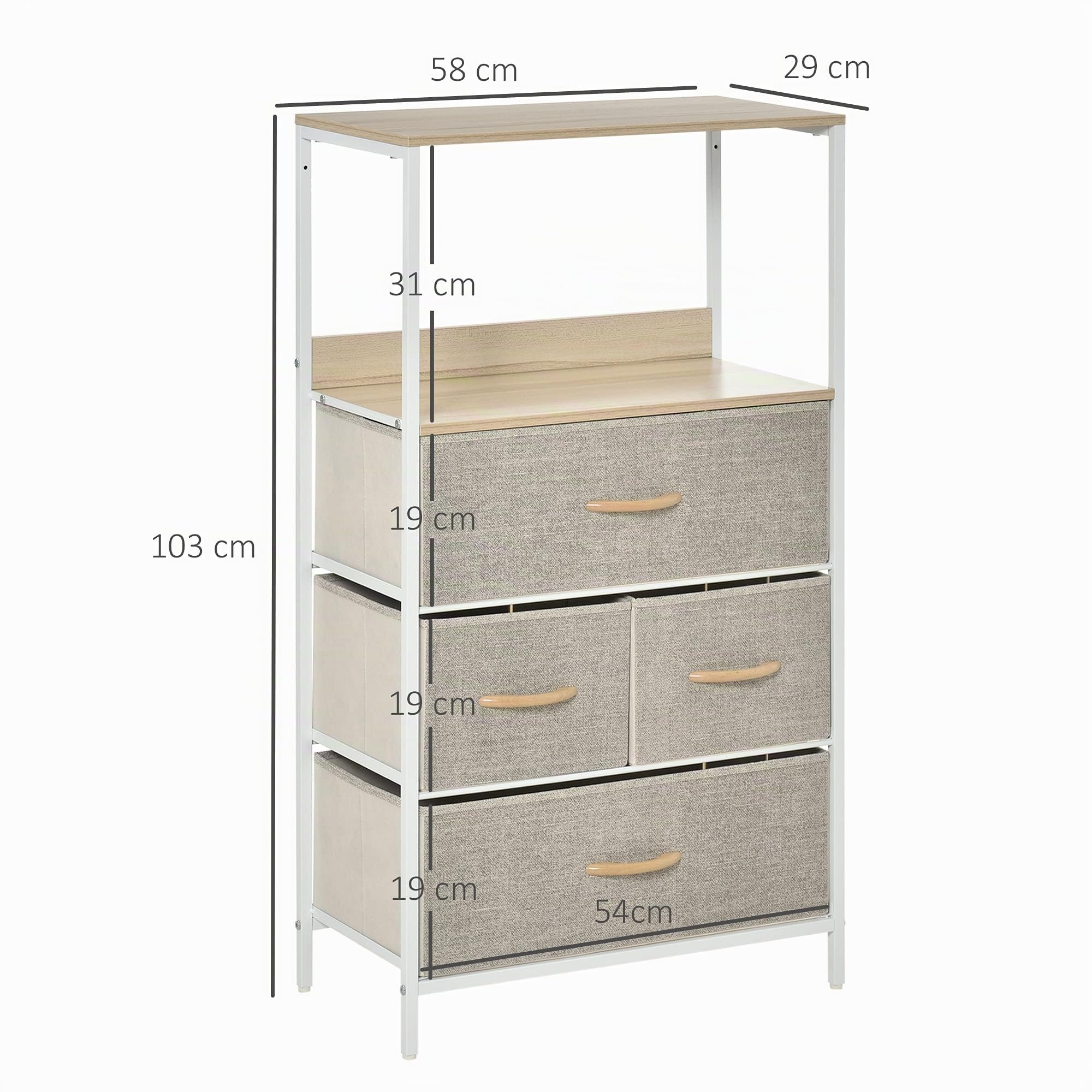 HOMCOM Commode Chambre Meuble de Rangement 4 Tiroirs Tissu Gris Clair | Pliables et Amovibles, Étagères Ouvertes, Cadre en Métal, Chiffonnier, pour Salon, Chambre, Entrée