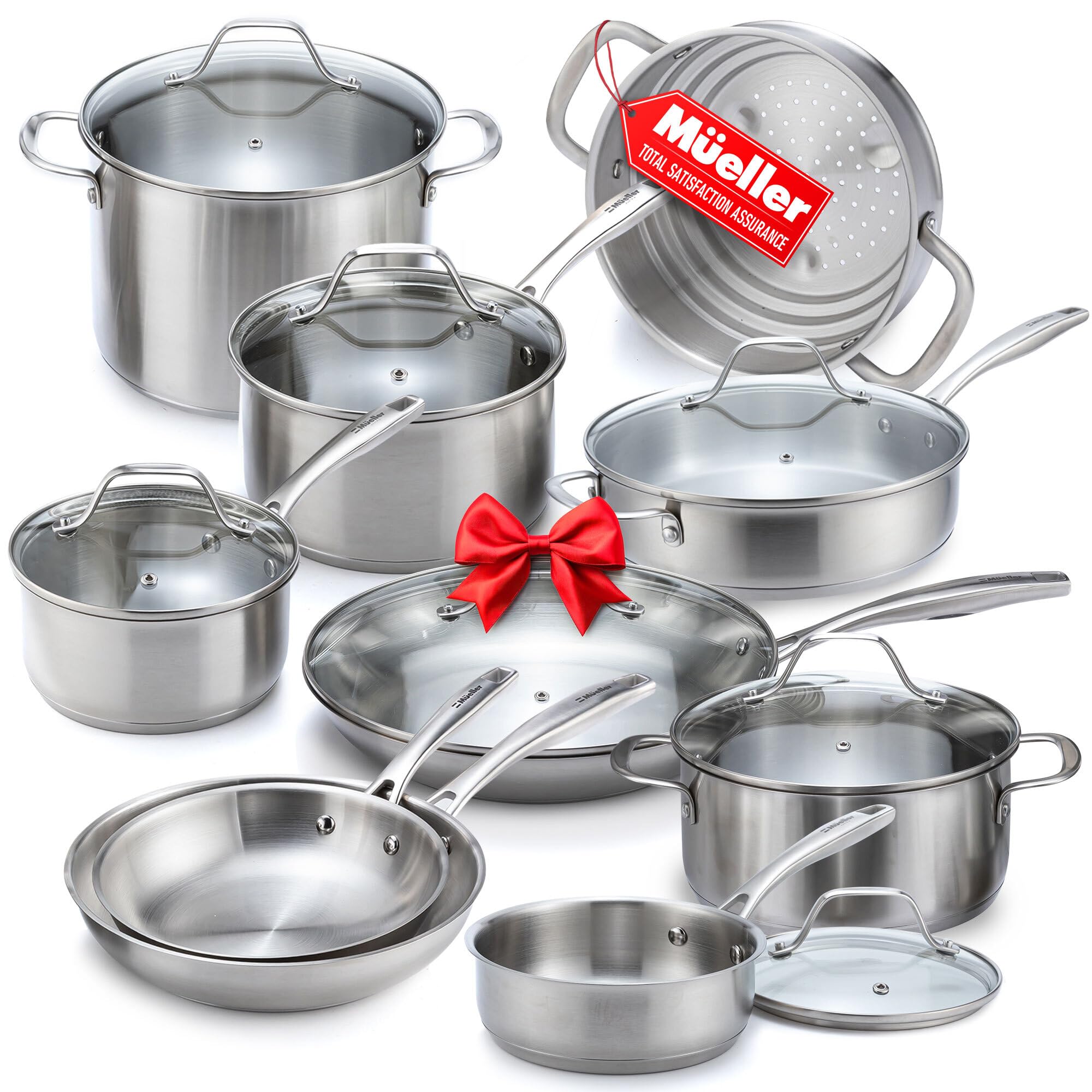 Mueller Pots and Pans Set 17-Piece, Ultra-Clad Pro Stainless Steel Cookware Set, Ergonomic EverCool Handle, Induction Cookware, Includes Saucepans, Skillets, Dutch Oven, Stockpot, Steamer For Cooking