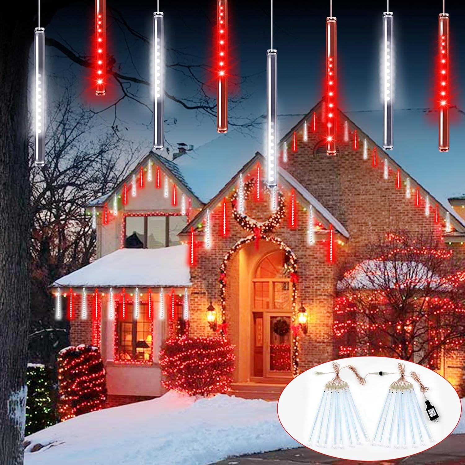2 Pack Christmas Decorations Lights Outdoor, Extendable Meteor Shower Lights with Timer, Total 384LED 30cm 16 Tubes Indoor Outdoor Snow Cascading String Light for Xmas Party Yard Decor (Red and White)