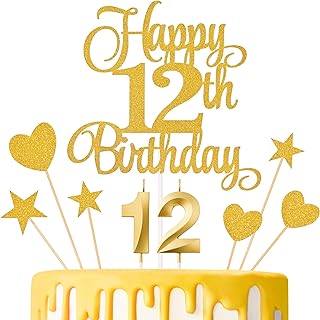 12th Birthday Cake Decorations, 12th Birthday Candles Cake Numeral Candles and Glitter Happy 12th Birthday Cake Toppers Set for Birthday Party Supplies (Gold)