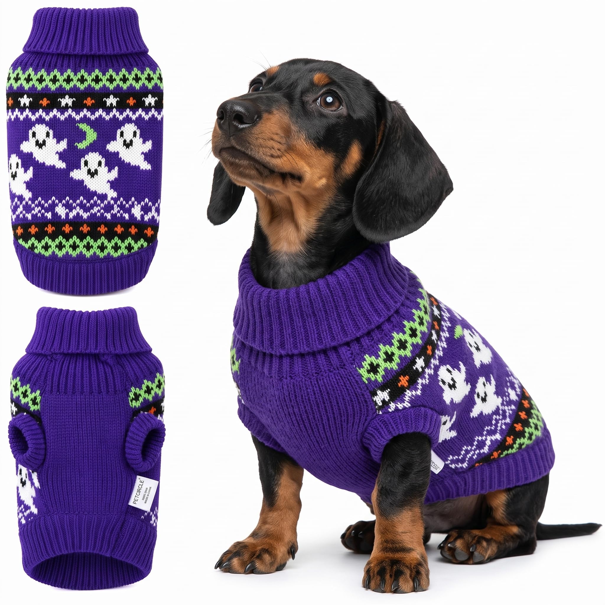 DiiWmme Halloween Dog Sweater Ghost Purple Turtle Neck Pet Costume，Ghost：S