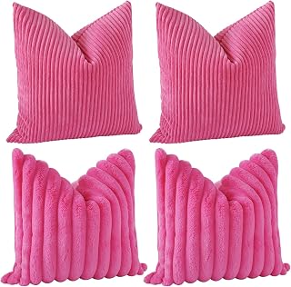 JOTOM Dekokissen Kissenbezüge 45x45cm 4er Set Soft Kissenhülle Einfarbig Streifen Kissenbezug für Sofa Büro Couch Schlafzimmer Bett (45x45cm, Heißes Rosa)