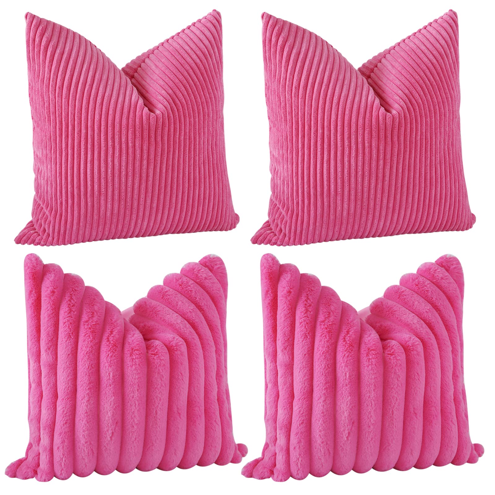 OTOSTAR Corduroy Soft Decorative Pillow Covers Hot Pink Faux Fur Plush Throw Pillow Covers 18x18 Inch Fuzzy Striped Luxury Cushion Case Pillowcases