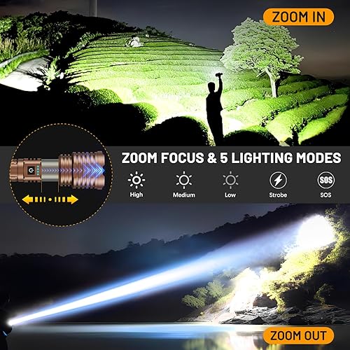 Miniatura 3 de Linterna LED de alto lúmenes, linterna recargable de 6000 lúmenes, linterna alimentada por batería, luz de flash potente ajustable con 5 modos,