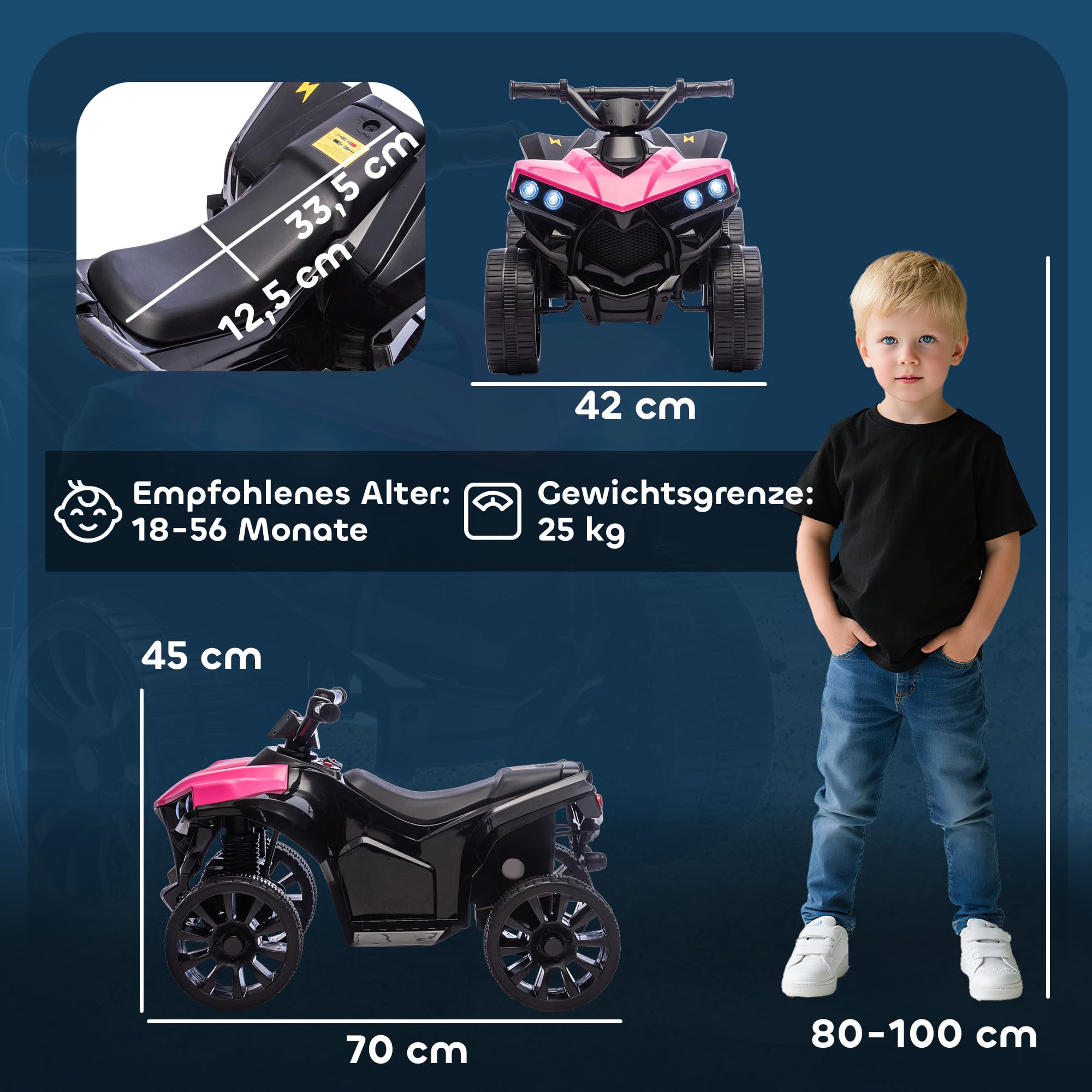 AIYAPLAY Dziecięcy Quad Elektryczny 6V z funkcją jazdy do przodu i wstecz, muzyką, reflektorami LED, elektryczny pojazd dla dzieci 37-72 miesięcy Różowy