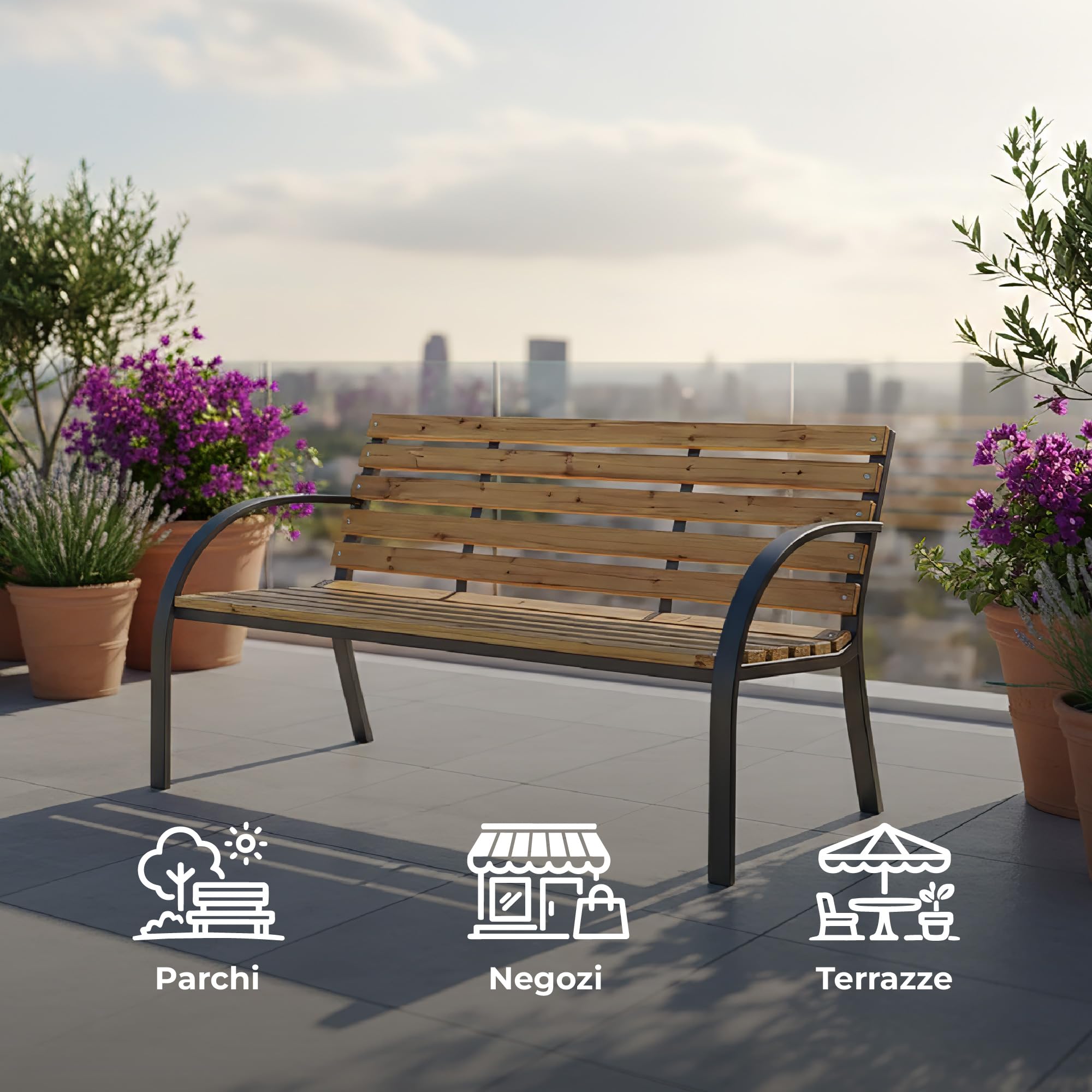 IlGruppone Panchina da Giardino 2 Posti in Legno e Acciaio 120 cm con Braccioli – Panca da Esterno per Terrazzo, Balcone e Giardino – Design Resistente e Comfort Naturale