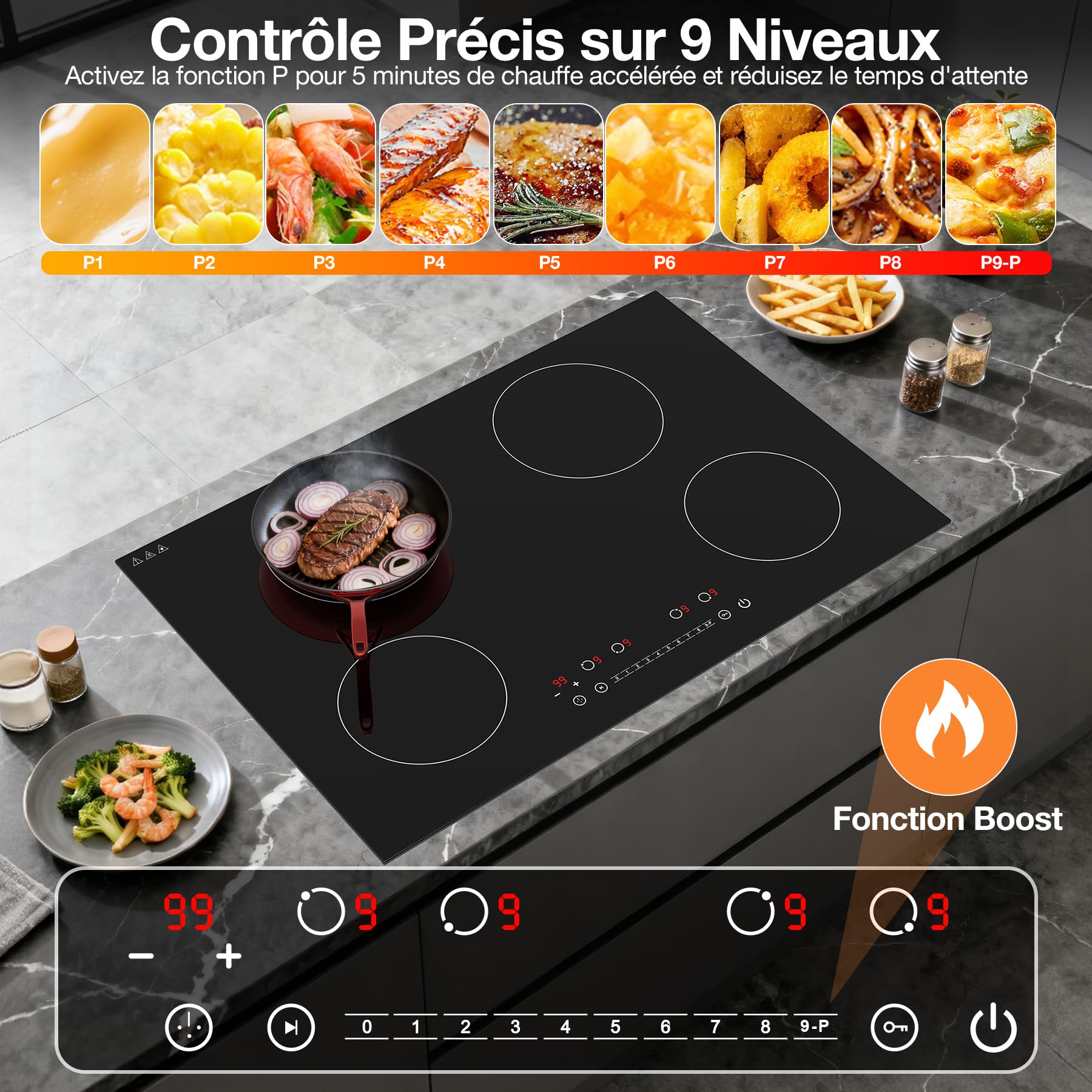 Plaque Induction 4 Feux 6400W, Plaque de Cuisson Électrique Encastrable 77cm avec Fonction Boost, Contrôle Tactile 9 Niveaux, Minuterie Indépendante et Verrouillage Enfant pour Grandes Cuisines