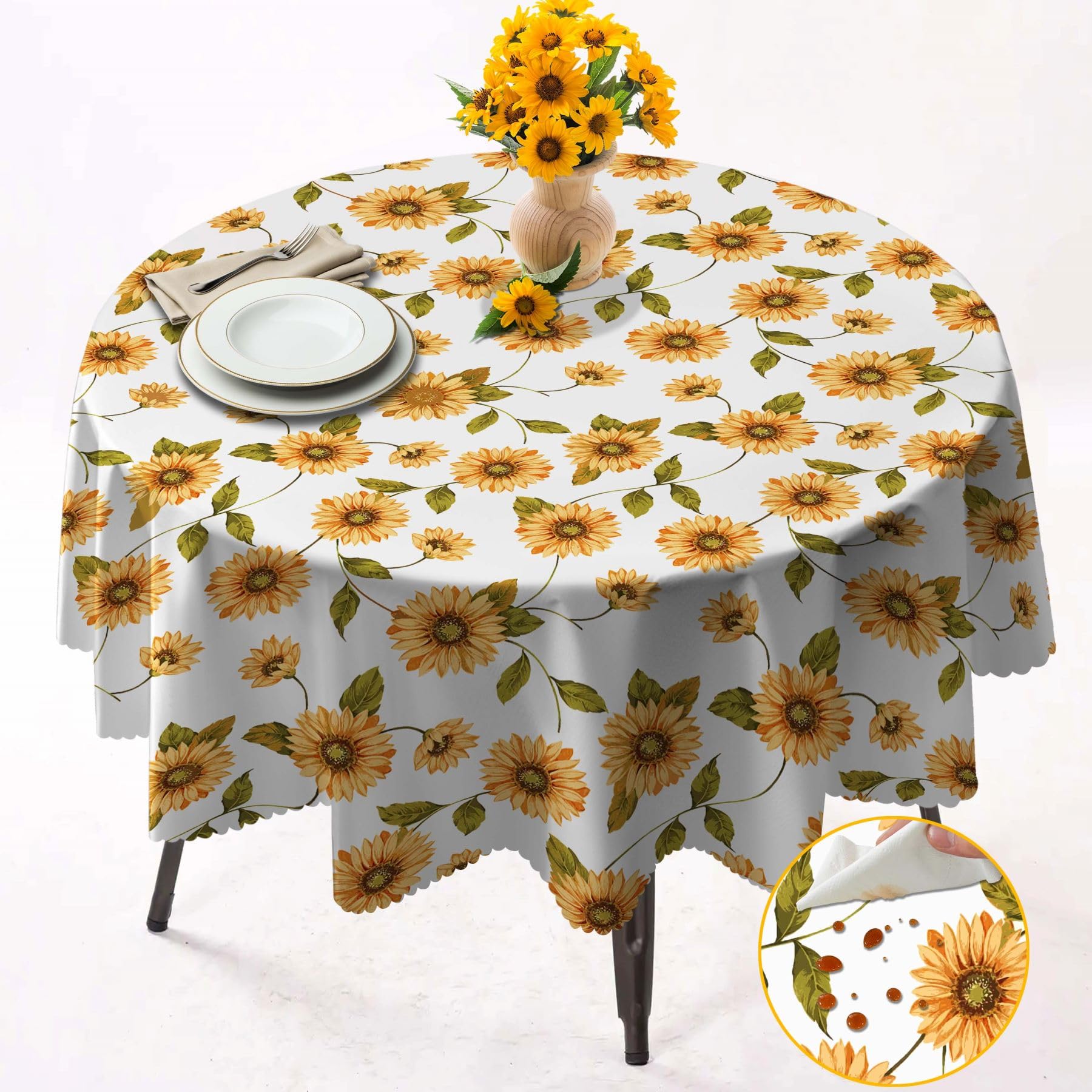 Round Tablecloth 152cm Wrinkle Free Washable Polyester Table Cloth for Circular Table, Home Dining Party Use, Sunflower Round Wipe Clean Tablecloth 60 Inches(Color 09)