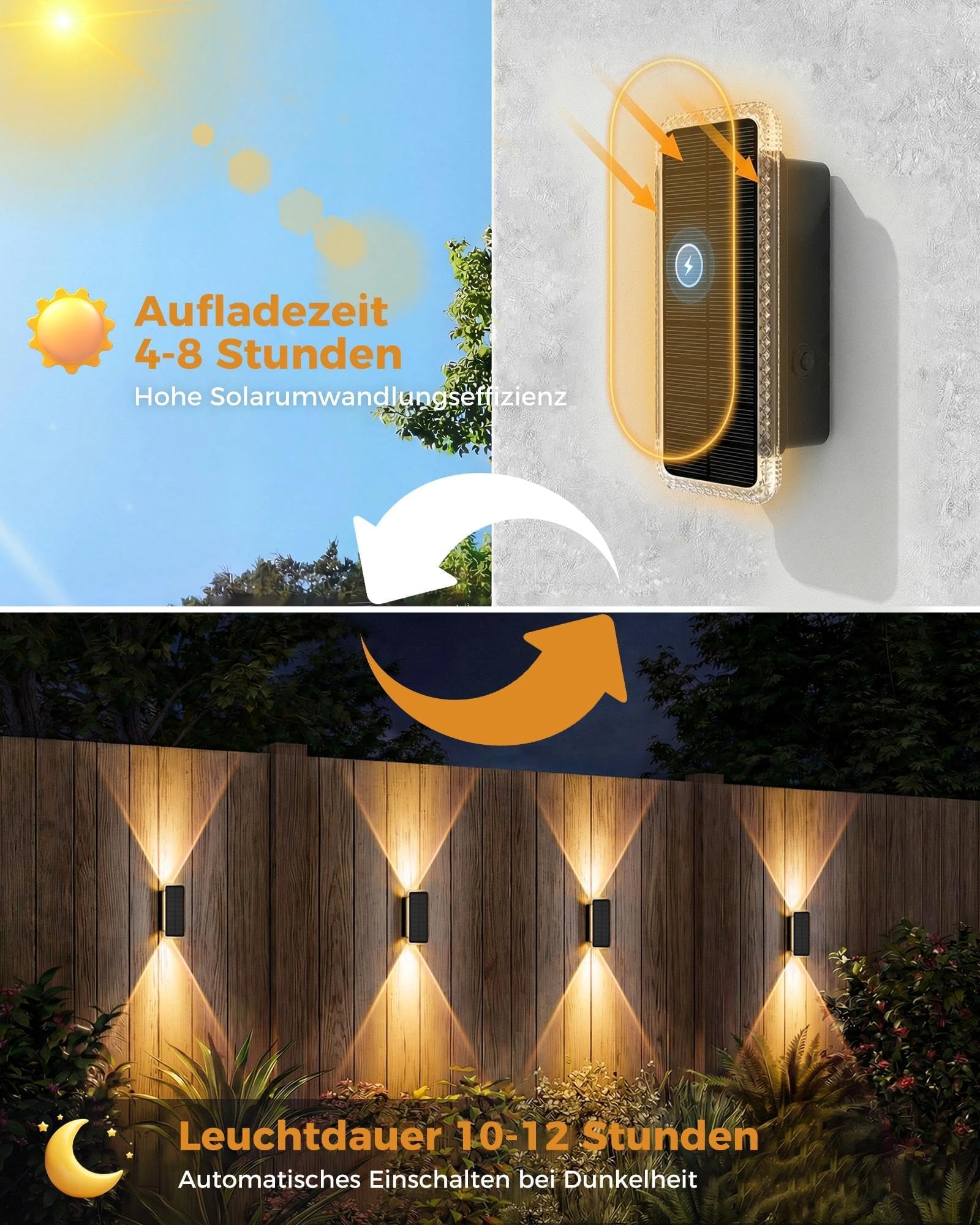 vighep Solar Wandleuchte Außen 4er-Set, Up & Down Leuchte Solar mit 5 Farbtemperaturen 3000K–6000K, IP65 Wasserdicht, Solarlampen für Außen Wand und Gartenzaun, für Hauswand, Terrasse, Balkon, Eingang