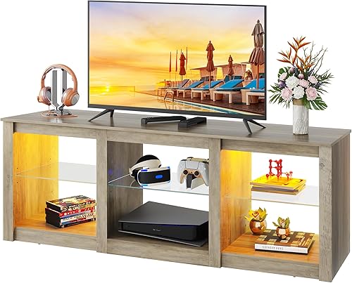 Miniatura 16 de WLIVE Moderno soporte de TV LED para TV de 65 y 70 pulgadas, centro de entretenimiento de 58 pulgadas con estantes de vidrio ajustables y luces RGB