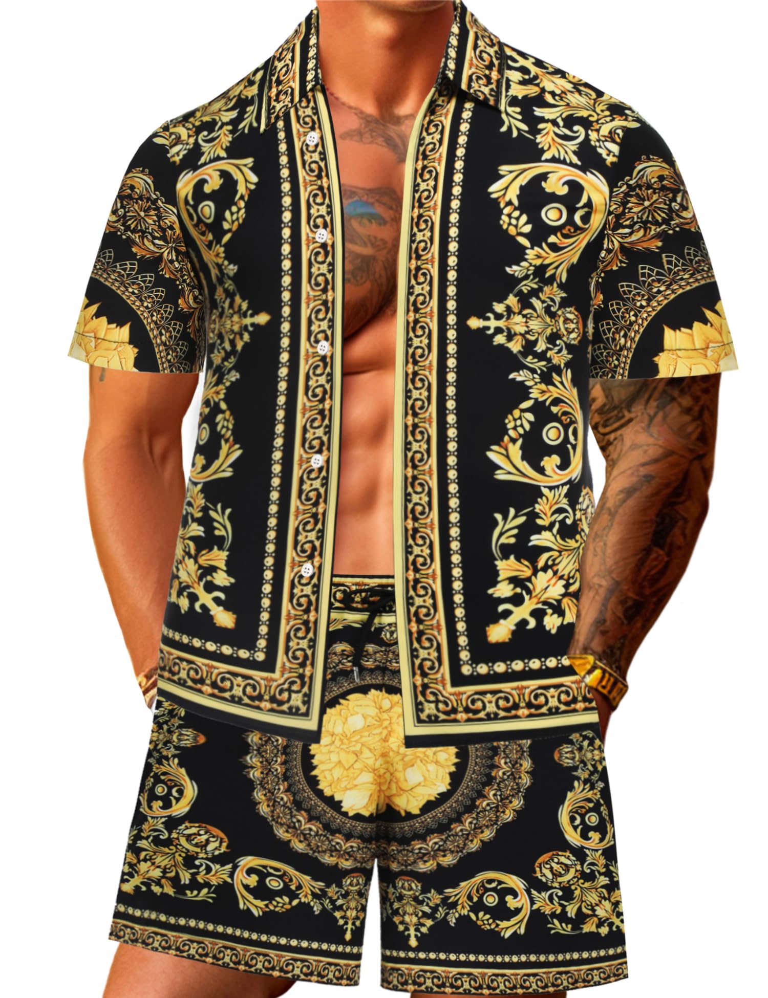 JoZorro Men Hawaiian Shirt Sets Casual Button Down Shirts 2 Piece Luxury Summer Beach Outfits