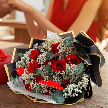 Duyasurs 20 Sheets Floral Wrapping Paper, Waterproof Bouquet Wrapping, 22.8x22.8IN, Florist Supplies Packaging Paper, DIY Gift Box, Wedding & Birthday Gifts, Gold Edge (Black)