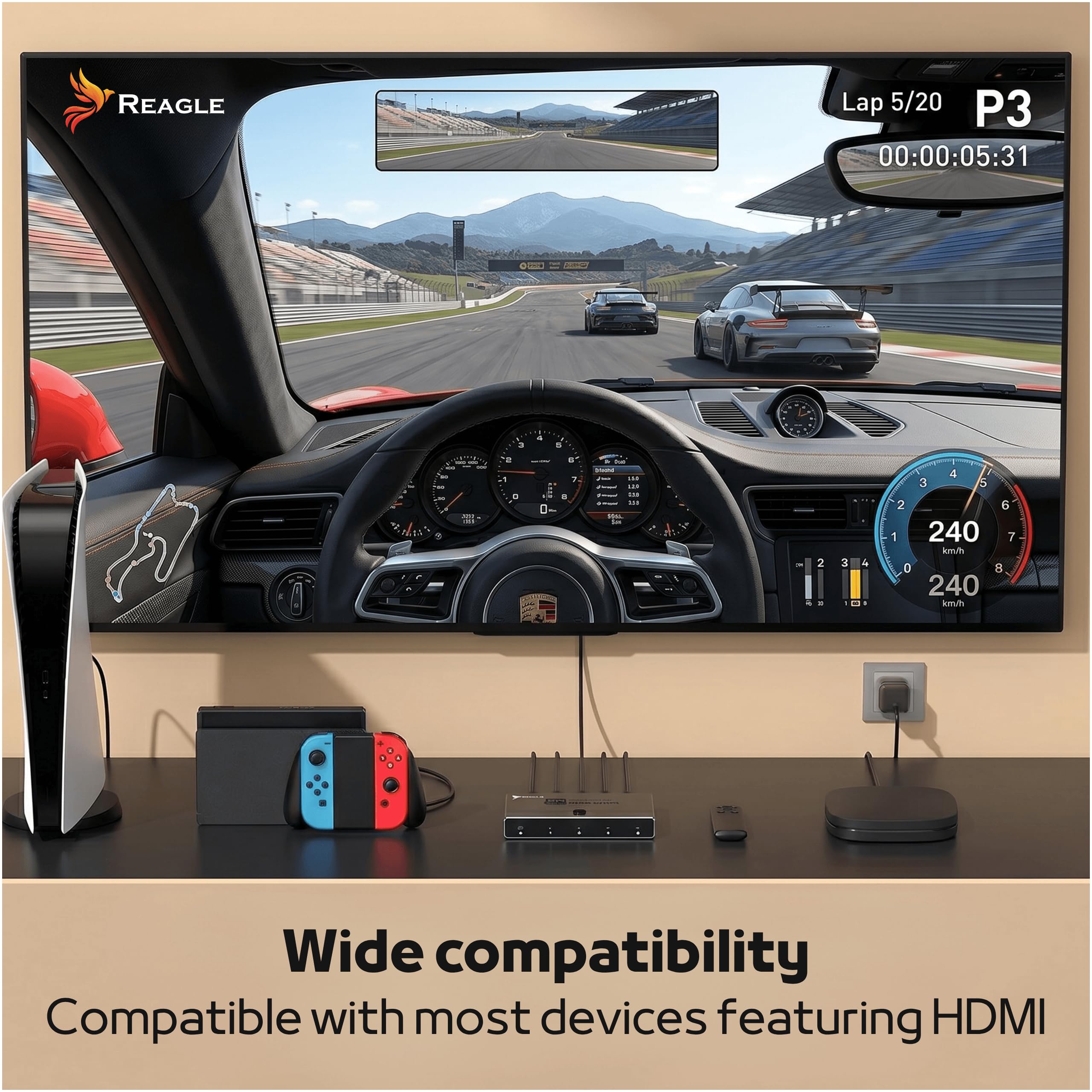Reagle Switch HDMI 2.1 3 Entradas 1 Salida 8K 60Hz 4K 144Hz, Conmutador HDMI 48Gbps con Mando, HDR10, Dolby Vision, para PS3 PS4 PS5 Xbox 360 One Series X S