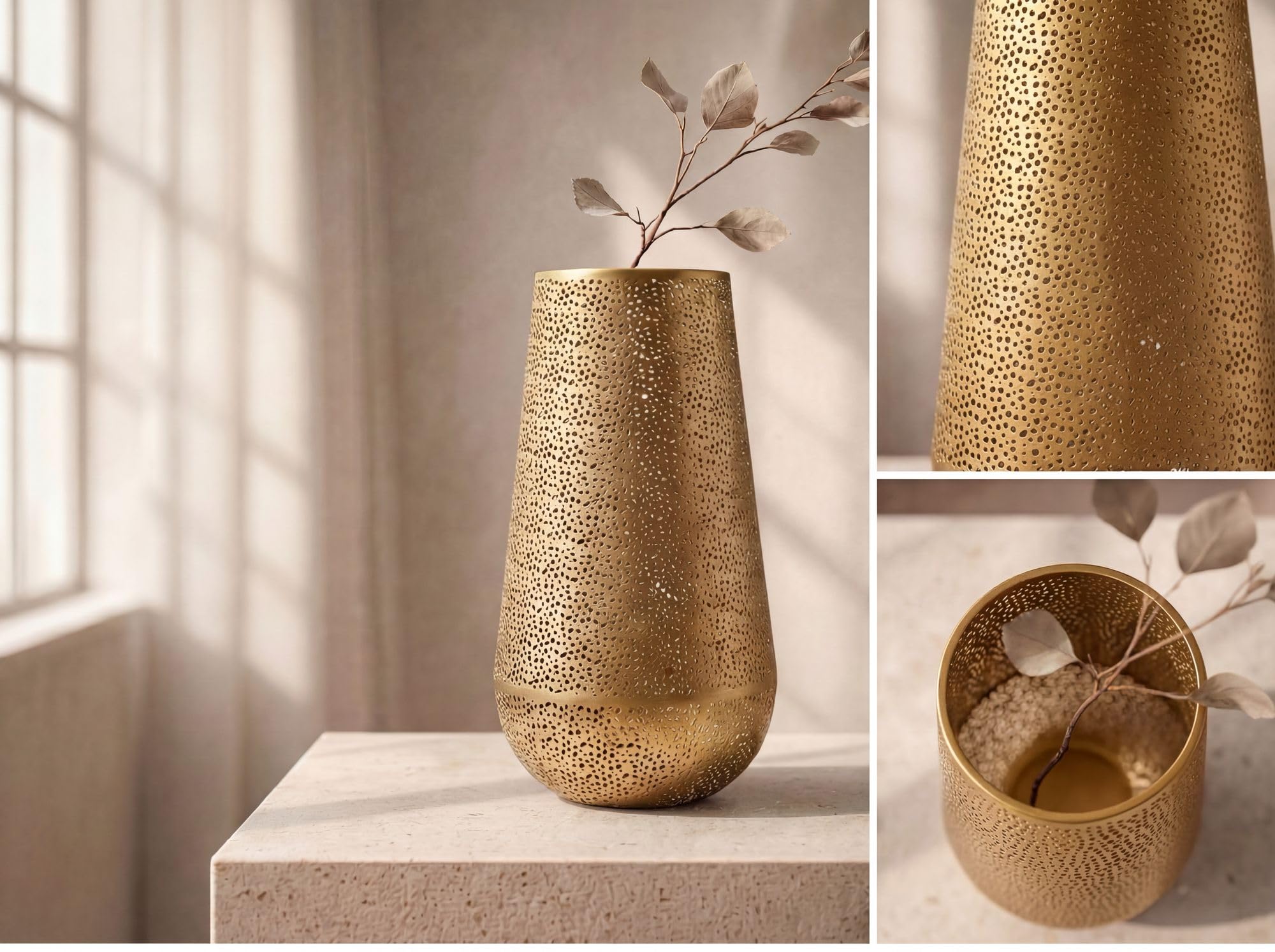FineBuy Wazon dekoracyjny 25 x 25 x 47 cm Metal Złoty Okrągły Handmade | Wazon podłogowy ażurowy, ręcznie wykonany z żelaza. Ażurowy wazon dekoracyjny, ozdoba do salonu i przedpokoju.
