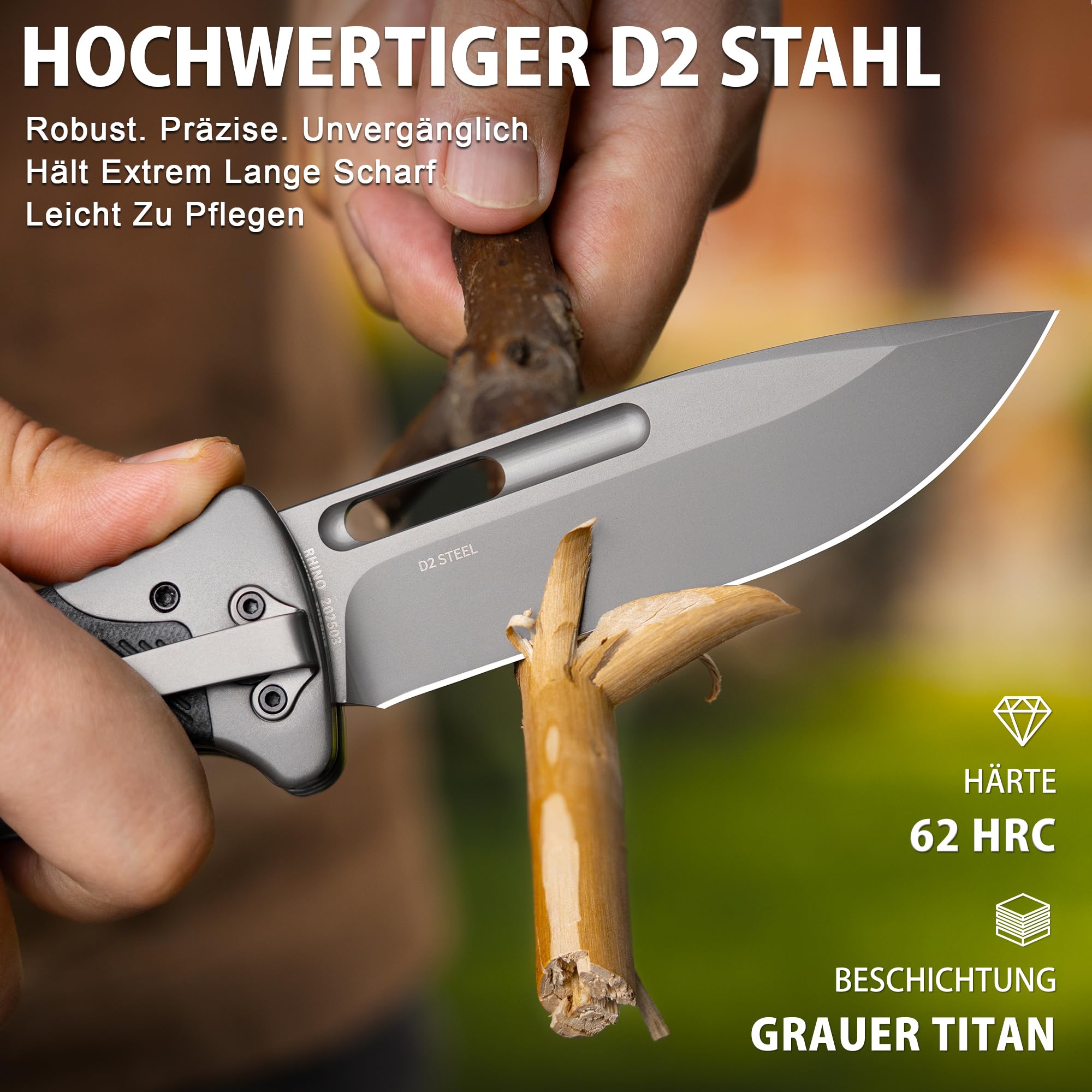 LOTHAR RHINO Zweihandmesser, 10.5cm D2 Stahl Großes Klappmesser