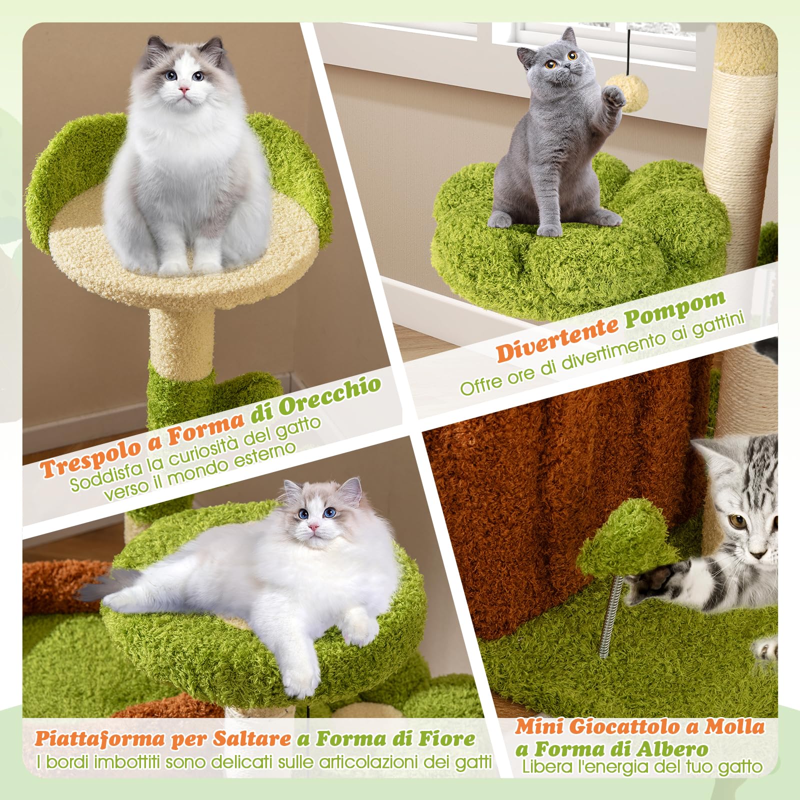 GYMAX Torre Albero per Gatti da Interno, Gioco Multi-Livello per Animali con Piattaforma, Condominio, Tavolette per Graffiare a Petalo, Pali Graffianti in Sisal, Palline Pendenti