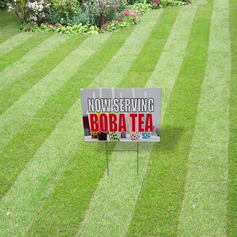 Fastasticdeals Weatherproof Yard Sign Now Serving Boba Tea Advertising Printing White Lawn Garden Coffee Shops 24x18 Inches 1 Side Print