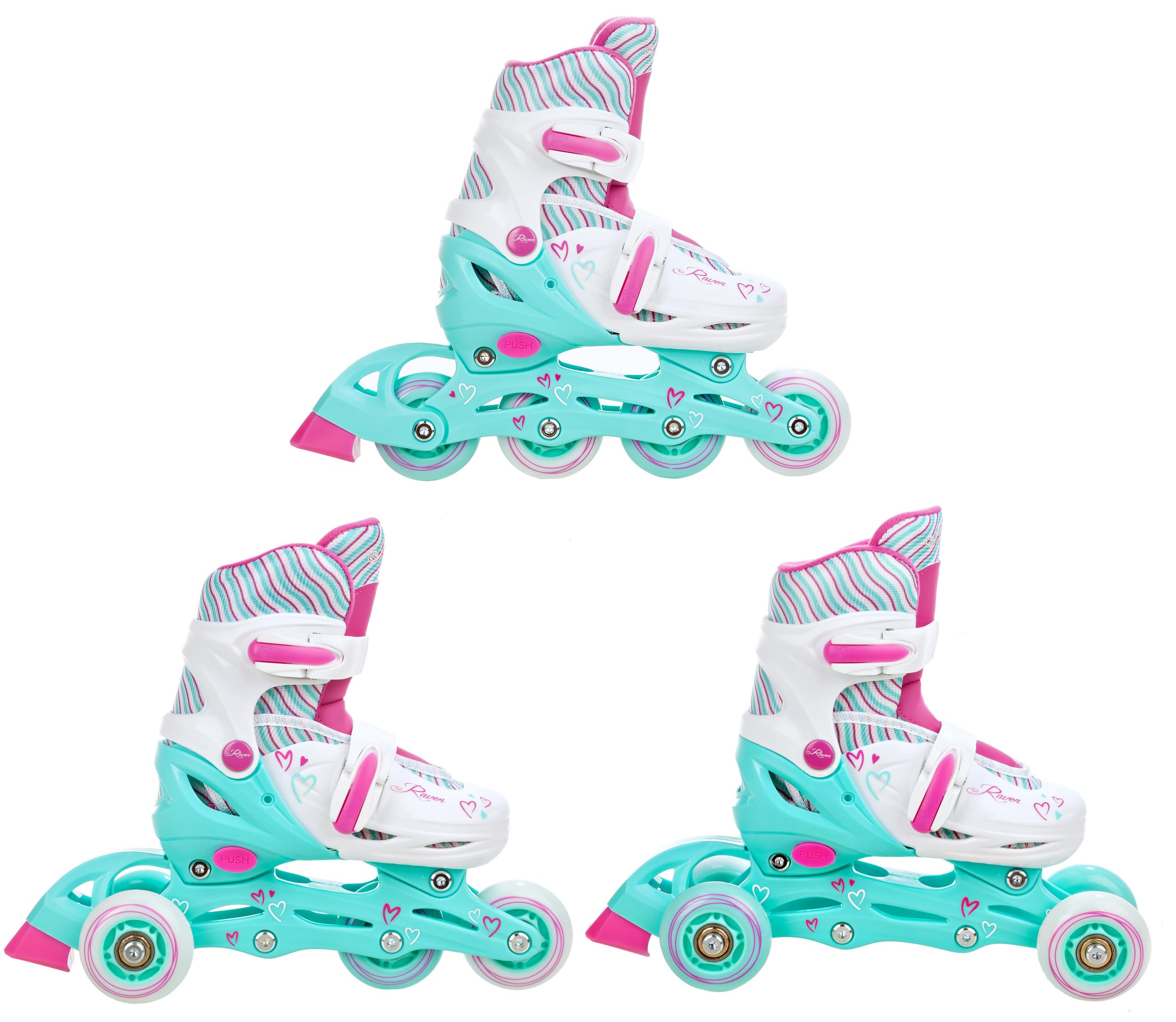 Raven - Roller en Ligne Loret Roues LED du 30 au 33 + Patin à Roulette + triskate Enfant Mixte Taille Ajustable Menthe/Rose Raven