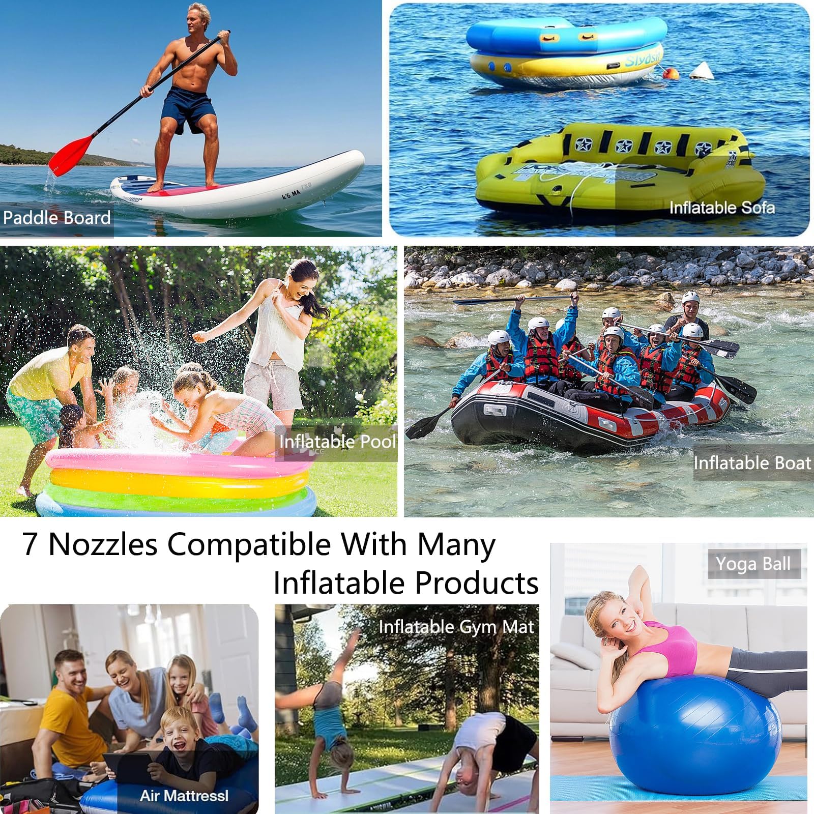 Adaptateur De Pompe Sup,Kit Adaptateur de Pompe Sup,Kit adaptateur de pompe gonflable Tuyau de Gonflage 1m avec 7 Buses à Clapet Adaptateur Tuyau Gonflage Kayaks pour Paddle,Bateaux Gonflables,Kayaks