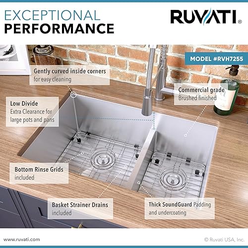 Vista 30 de Ruvati RVH7411 - Fregadero de cocina de acero inoxidable de calibre 16 de 32 pulgadas, radio apretado 50/50 de bajo división