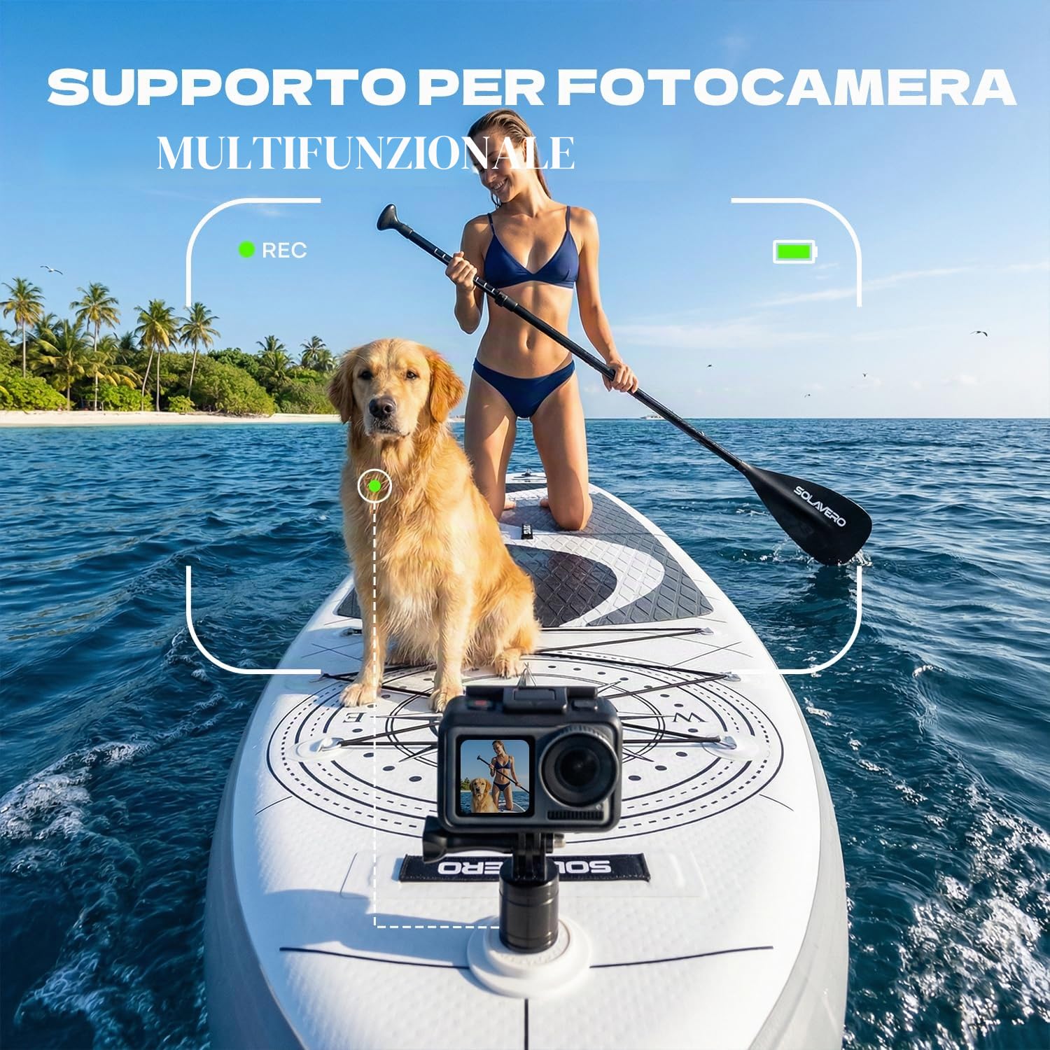 SOLAVERO Tavola SUP Gonfiabile Adulti 210kg Offerta, 350 x 89 x 15 cm Stand Up Paddle Board 2 Persone con Pompa, Pagaia Regolabile, Leash, Custodia Impermeabile e Zaino