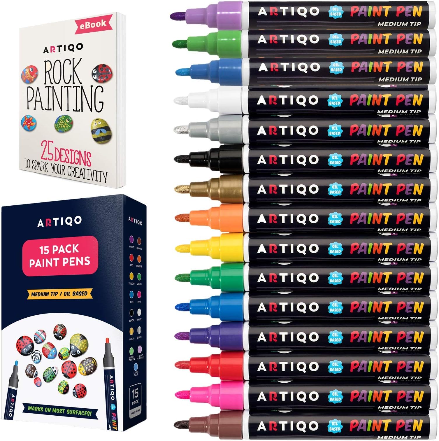 Paint pens for rock painting - Wood, Glass, Metal and Ceramic Works on almost all surfaces set of 15 Vibrant Medium tip Oil Paint Marker Pens, Quick Dry, Water Resistant