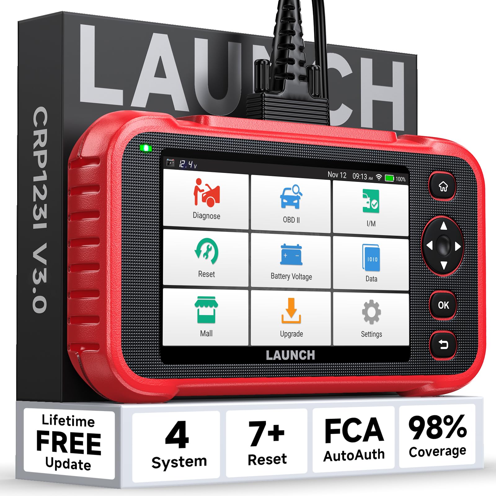 LAUNCH OBD2 Scanner CRP123I V3.0, 4 Systems Car Diagnostic Machine for ABS SRS Transmission Engine, OBD2 Diagnostic Tool with Oil/EPB/DPF/SAS/BAS/BMS/Throttle Reset, Battery Test, Lifetime Free Update