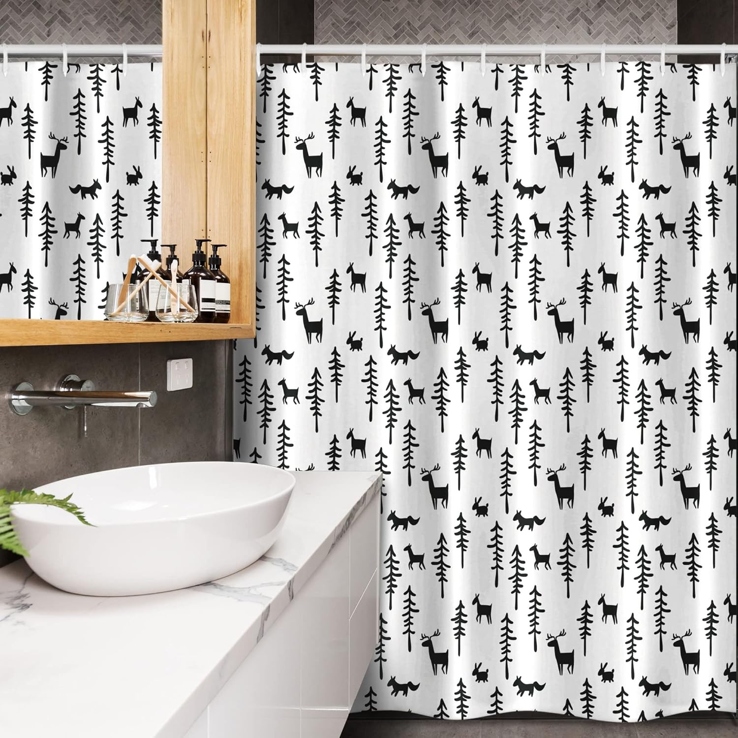 Ambesonne Forest Stall Shower Curtain, Christmas Spirit Inspired Sketchy Reindeer Pine Trees Rabbits Animal Design, Fabric Bathroom Decor Set with Hooks, 54" W x 78" L, White Black