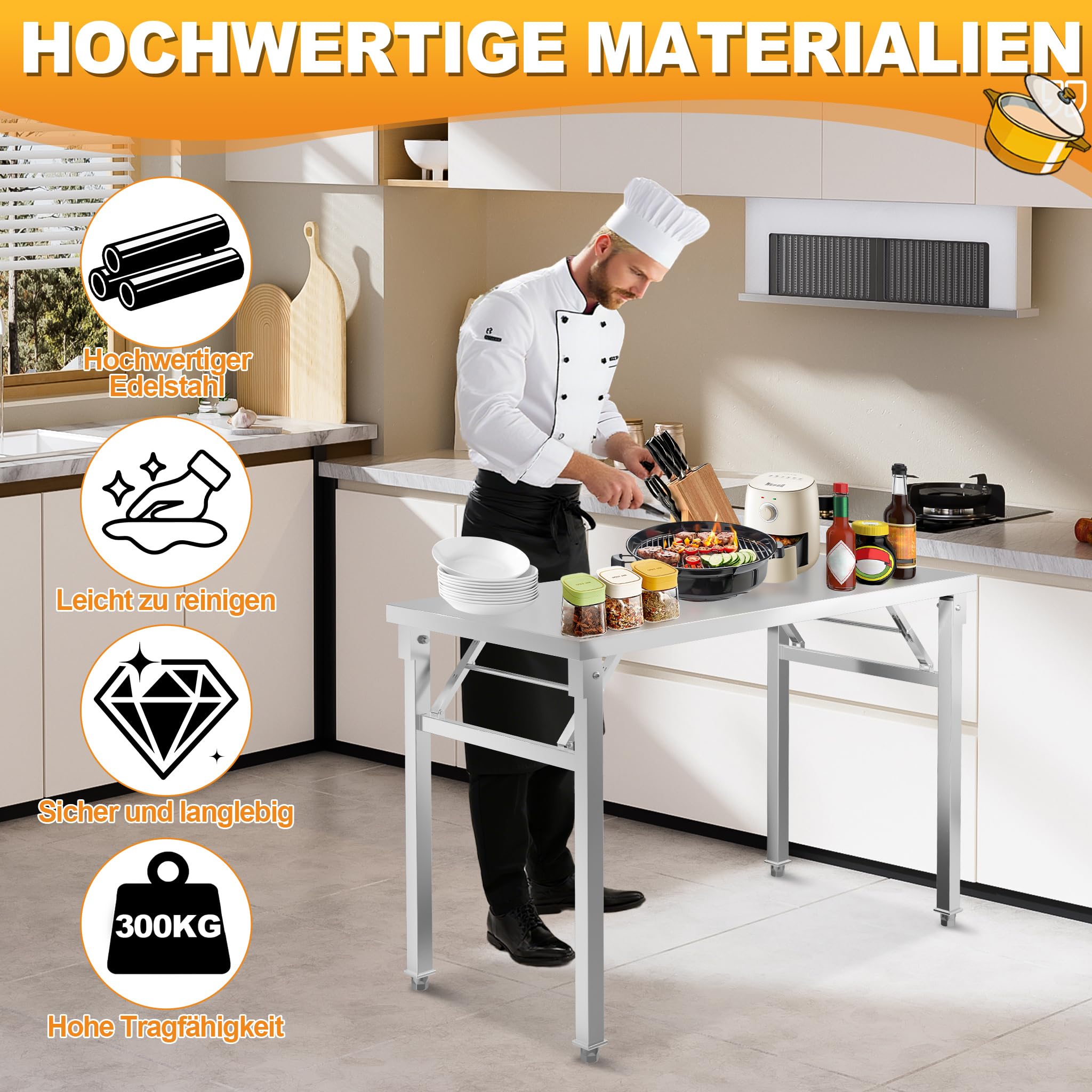 UISEBRT Mesa plegable de acero inoxidable con capacidad de carga de 300 kg y patas ajustables ajustables, mesa de trabajo plegable, mesa de cocina, para gastronomía, cocina, bar, restaurante, 120 x 60